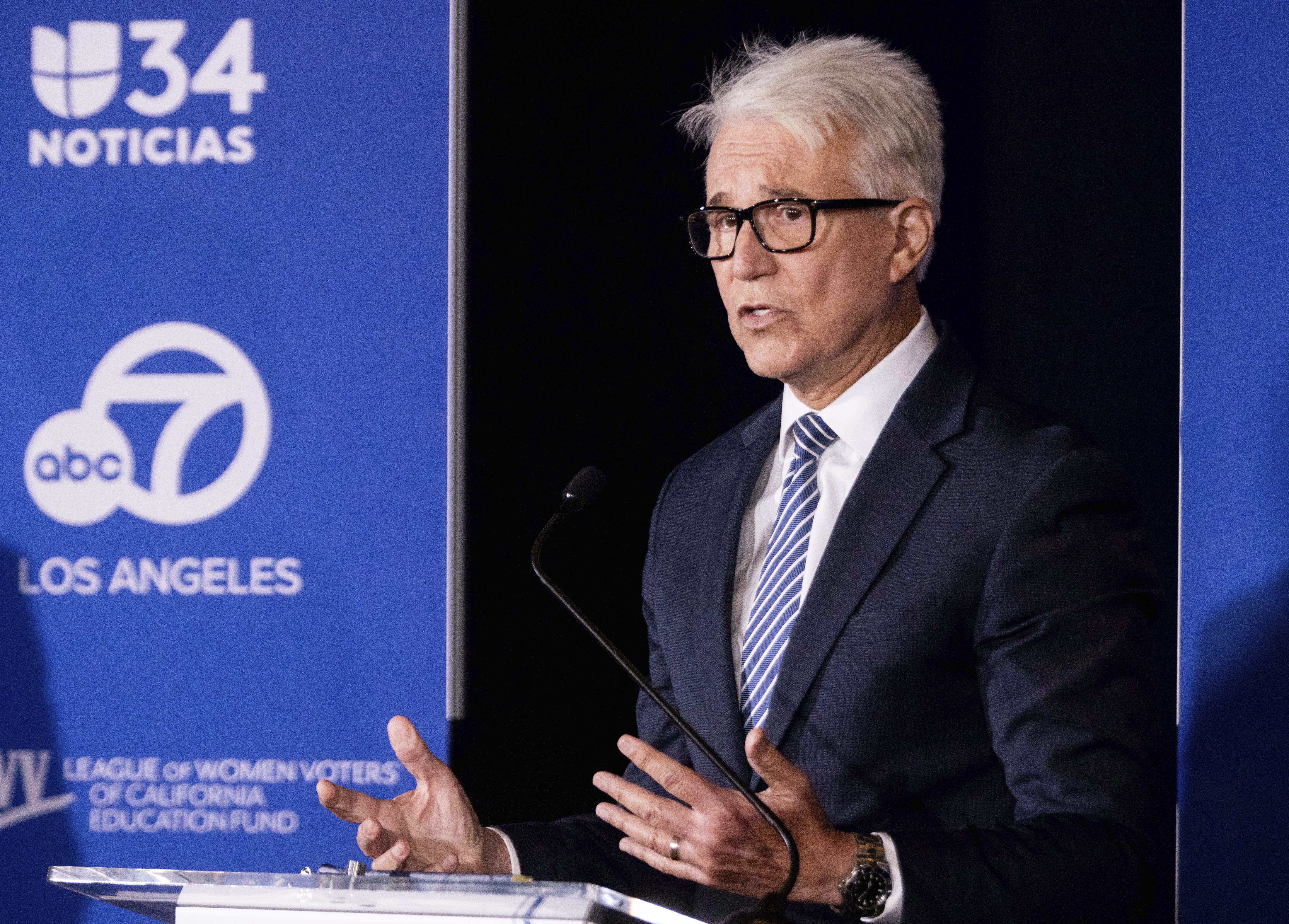 Los Angeles County District Attorney George Gascón speaks during the 2024 Los Angeles County district attorney candidate forum with challenger former federal prosecutor Republican candidate Nathan Hochman in Los Angeles, Sunday, Sept. 29, 2024. (AP Photo/Ethan Swope)