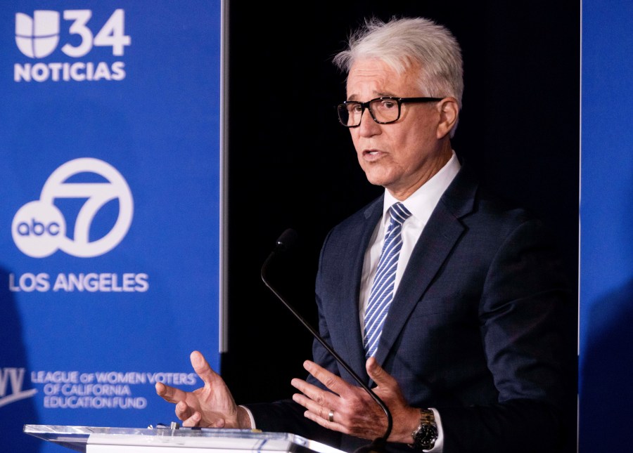 Los Angeles County District Attorney George Gascón speaks during the 2024 Los Angeles County district attorney candidate forum with challenger former federal prosecutor Republican candidate Nathan Hochman in Los Angeles, Sunday, Sept. 29, 2024. (AP Photo/Ethan Swope)