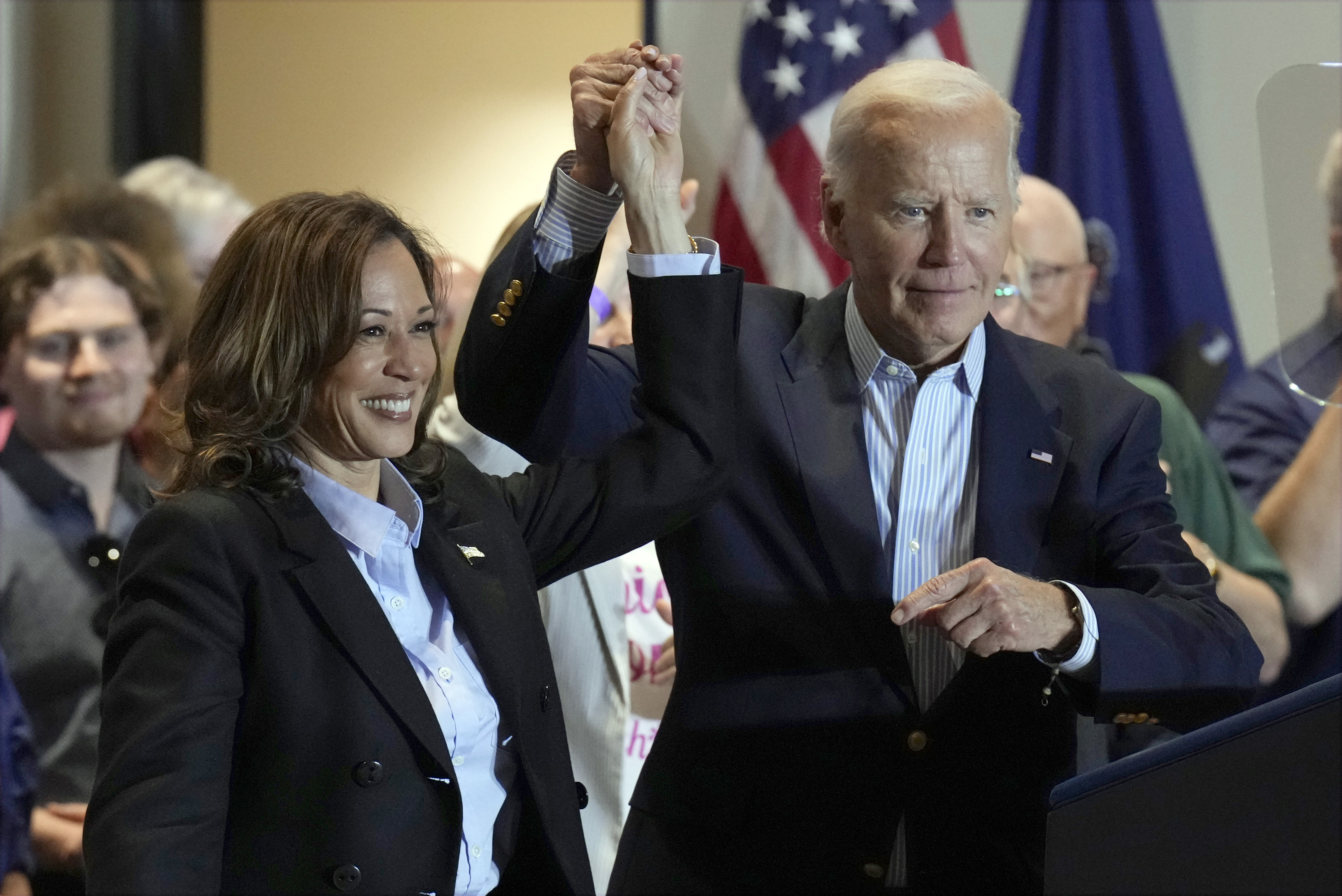 FILE - Democratic presidential nominee Vice President Kamala Harris, left, and President Joe Biden attend a campaign event at the IBEW Local Union #5 union hall in Pittsburgh, on Labor Day, Sept. 2, 2024. (AP Photo/Jacquelyn Martin, File)