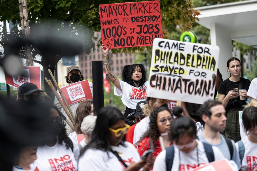 Supporters and Chinatown community leaders gathered during a "No Sixers arena rally" on Wednesday, Sept. 18, 2024, outside Philadelphia City Hall in Philadelphia. (Jose F. Moreno/The Philadelphia Inquirer via AP)