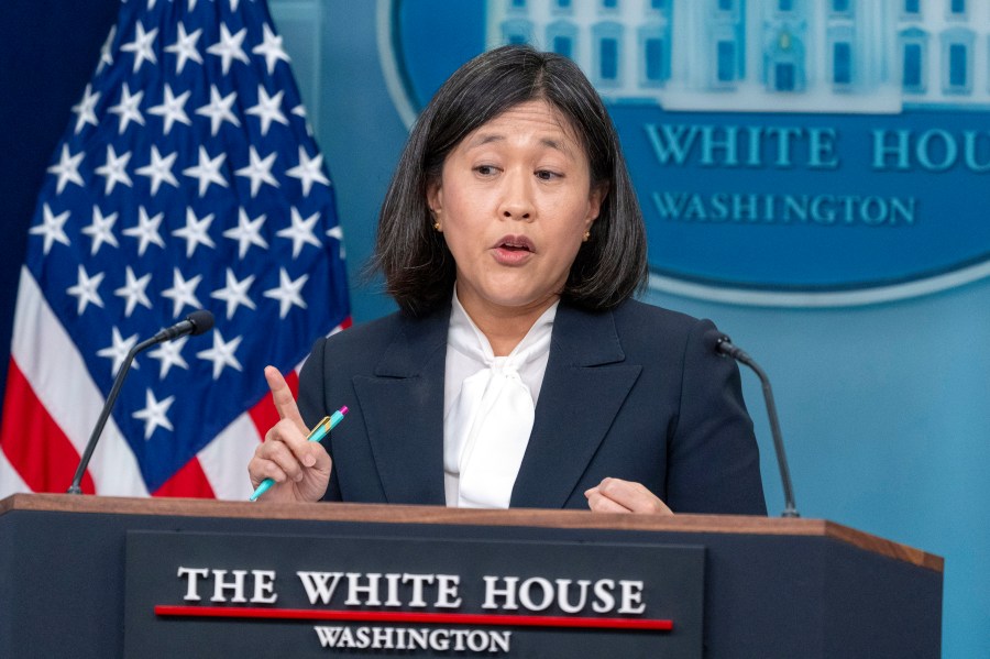 FILE - U.S. Trade Representative Katherine Tai speaks with reporters in the James Brady Press Briefing Room at the White House, May 14, 2024, in Washington. (AP Photo/Alex Brandon, File)