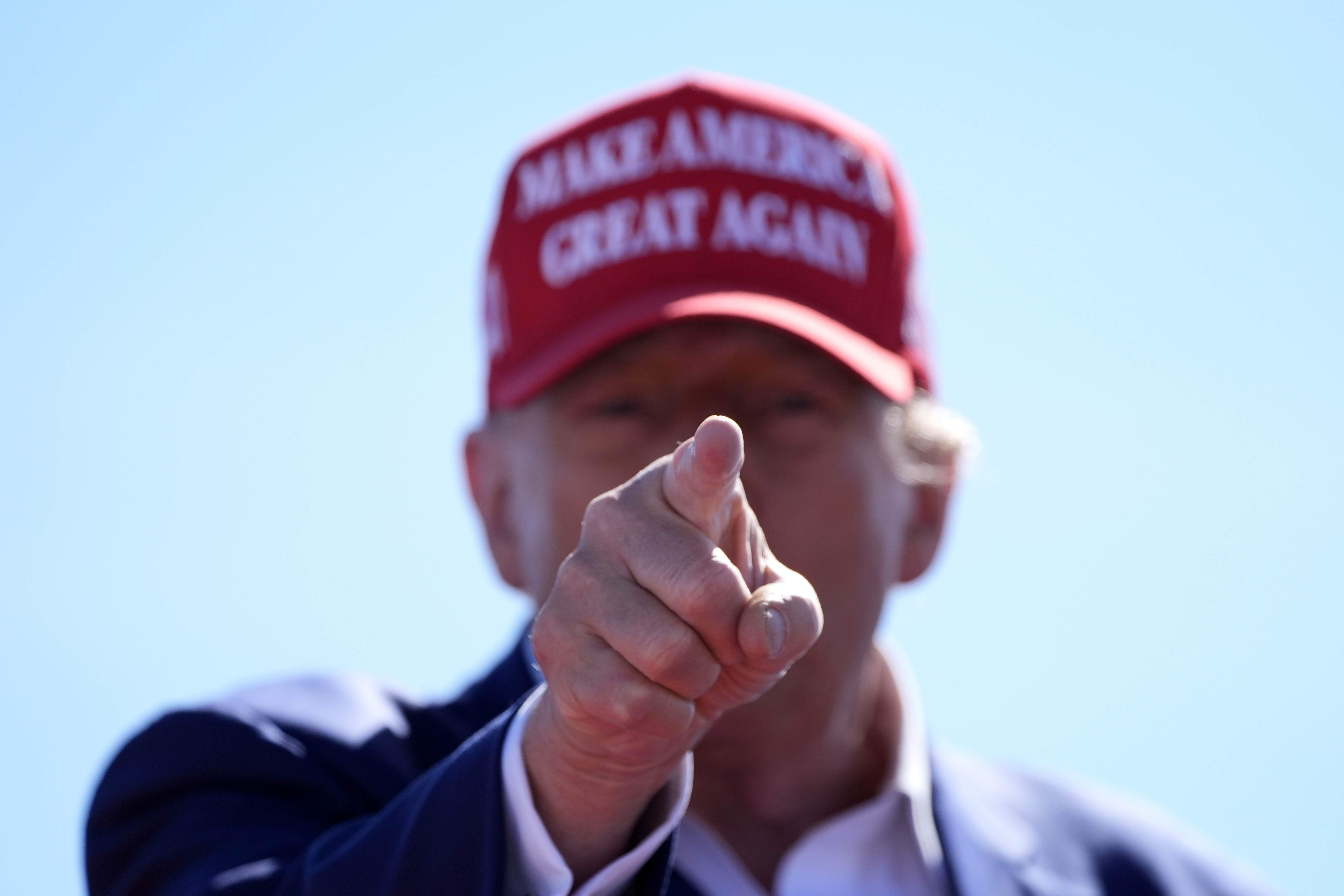 Republican presidential nominee former President Donald Trump gestures during a campaign event at Central Wisconsin Airport, Saturday, Sept. 7, 2024, in Mosinee, Wis. (AP Photo/Alex Brandon)