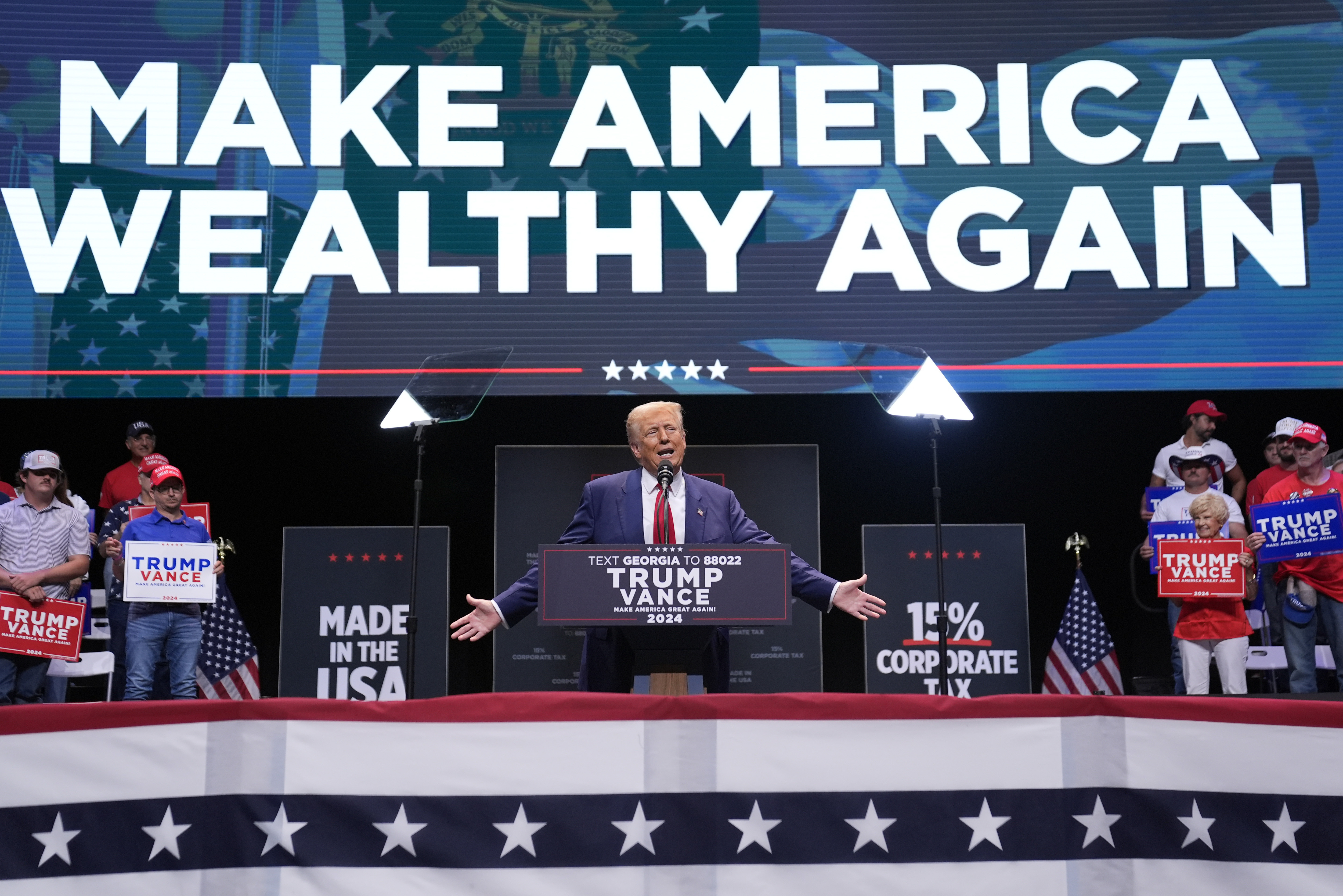 FILE - Republican presidential nominee former President Donald Trump speaks about the tax code and manufacturing, Sept. 24, 2024, in Savannah, Ga. (AP Photo/Evan Vucci, File)