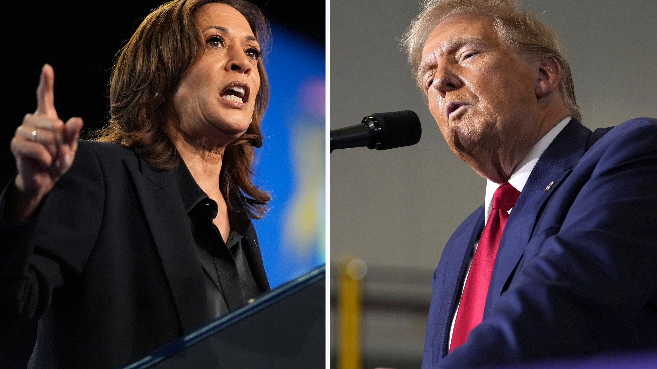 This combination photo shows Democratic presidential nominee Vice President Kamala Harris at a rally in Flint, Mich., Oct. 4, 2024, left, and Republican presidential nominee former President Donald Trump at a campaign rally in Walker, Mich., Sept. 27, 2024. (AP Photo)