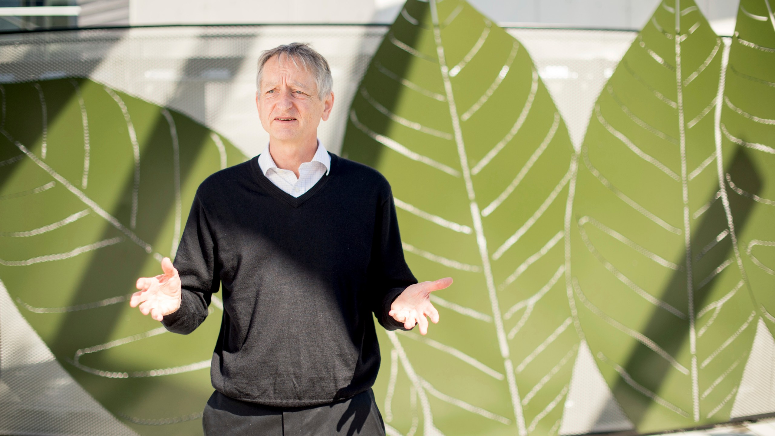 Computer scientist Geoffrey Hinton, who studies neural networks used in artificial intelligence applications, poses at Google's Mountain View, Calif, headquarters on Wednesday, March 25, 2015. (AP Photo/Noah Berger)