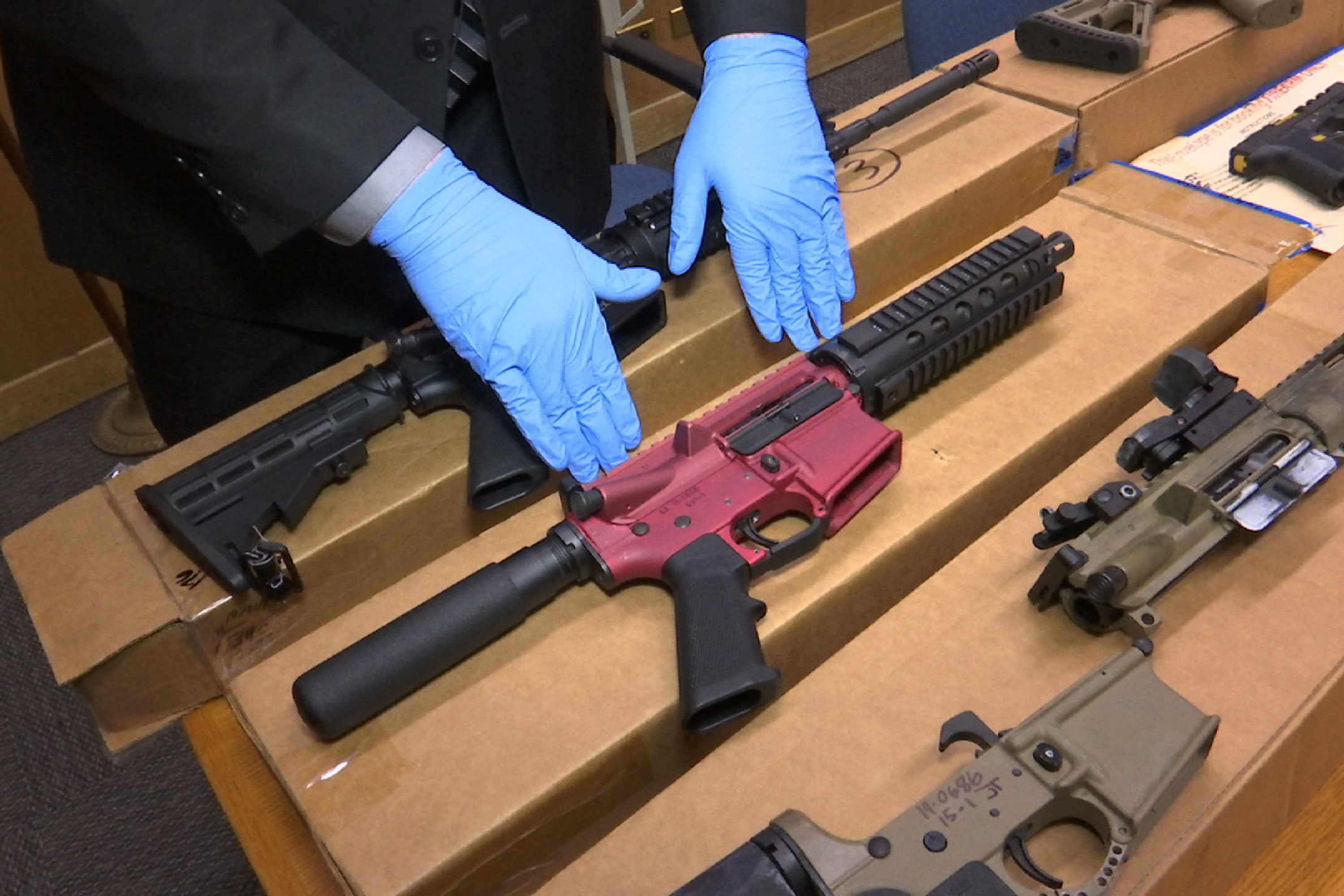 FILE — Ghost guns are displayed at the headquarters of the San Francisco Police Department, in San Francisco, Nov. 27, 2019. (AP Photo/Haven Daley, File)