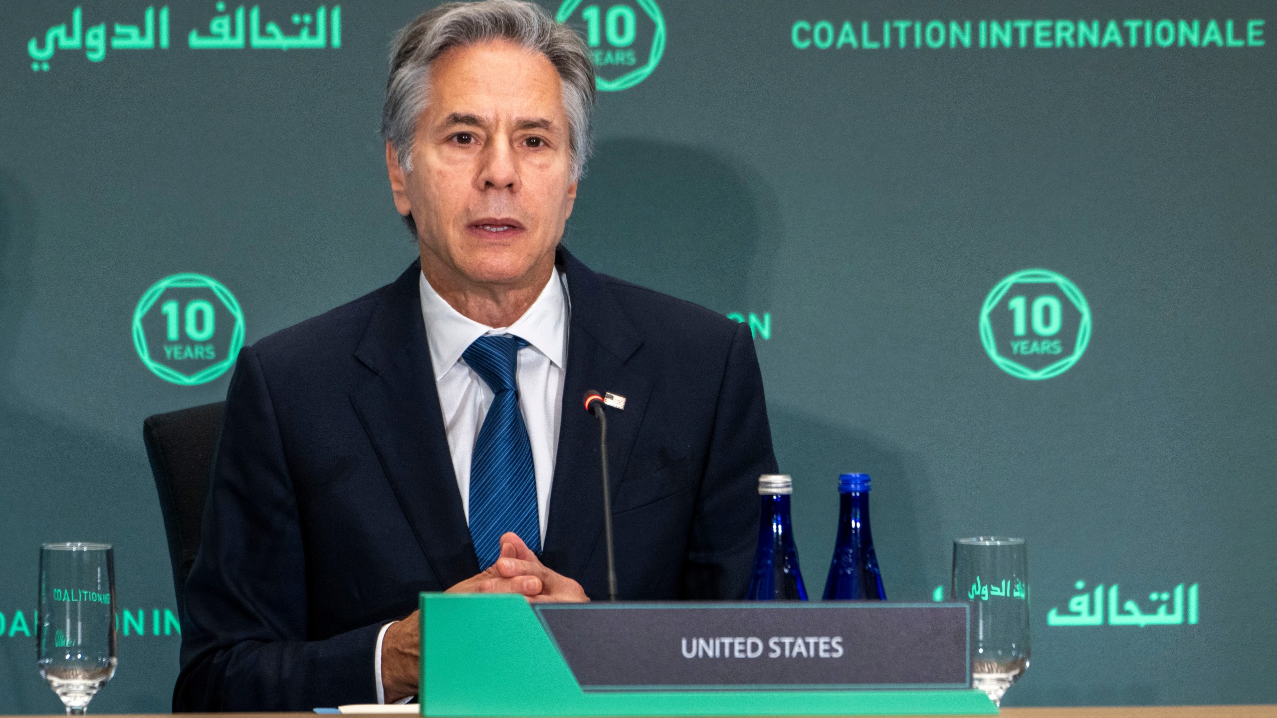 Secretary of State Antony Blinken gives the opening remarks during a meeting of the Global Coalition to Defeat ISIS Ministerial, at the State Department, Monday, Sept. 30, 2024 in Washington. (AP Photo/Kevin Wolf)