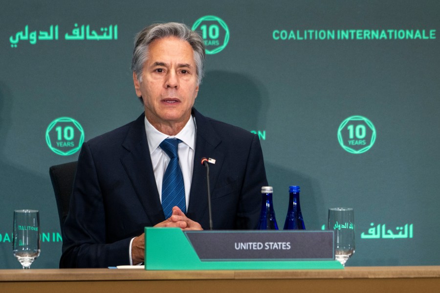 Secretary of State Antony Blinken gives the opening remarks during a meeting of the Global Coalition to Defeat ISIS Ministerial, at the State Department, Monday, Sept. 30, 2024 in Washington. (AP Photo/Kevin Wolf)