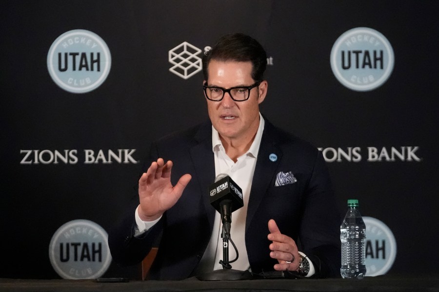 Utah Hockey Club general manager Bill Armstrong speaks during media day, Sept. 18, 2024, in Salt Lake City. (AP Photo/Rick Bowmer)