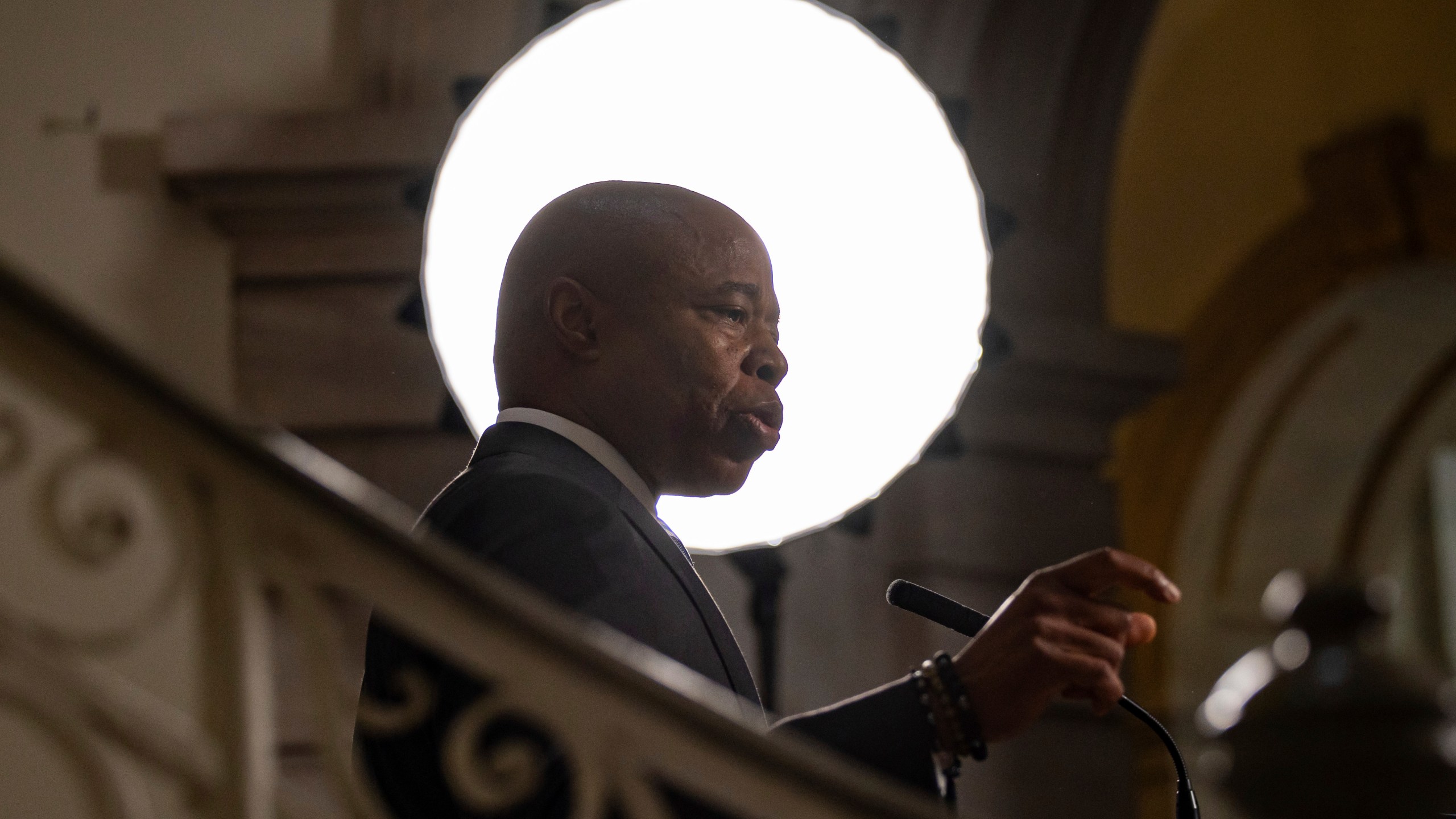 New York City Mayor Eric Adams speaks during a press conference at City Hall, Tuesday, Oct. 8, 2024, in New York. (AP Photo/Yuki Iwamura)