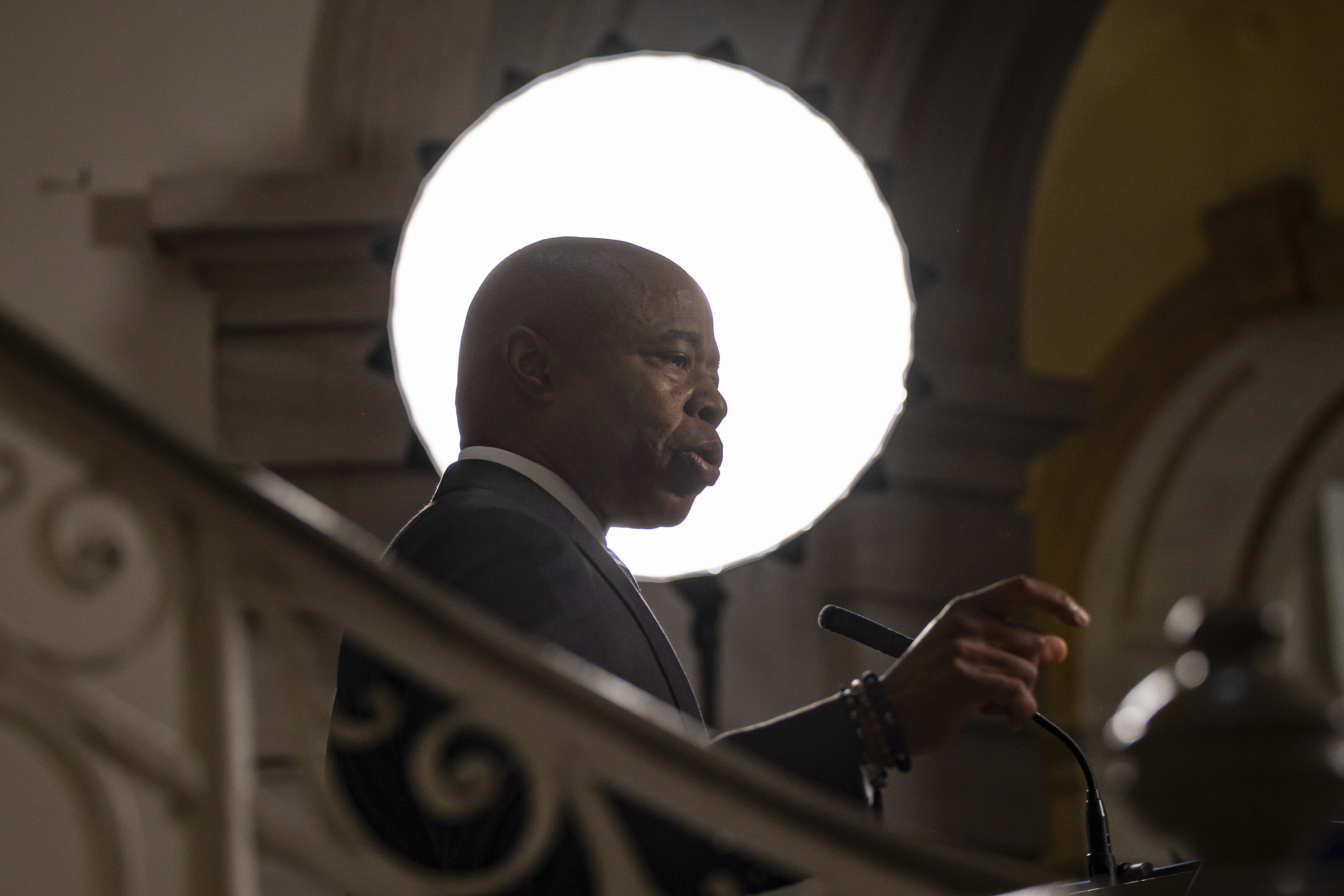 New York City Mayor Eric Adams speaks during a press conference at City Hall, Tuesday, Oct. 8, 2024, in New York. (AP Photo/Yuki Iwamura)