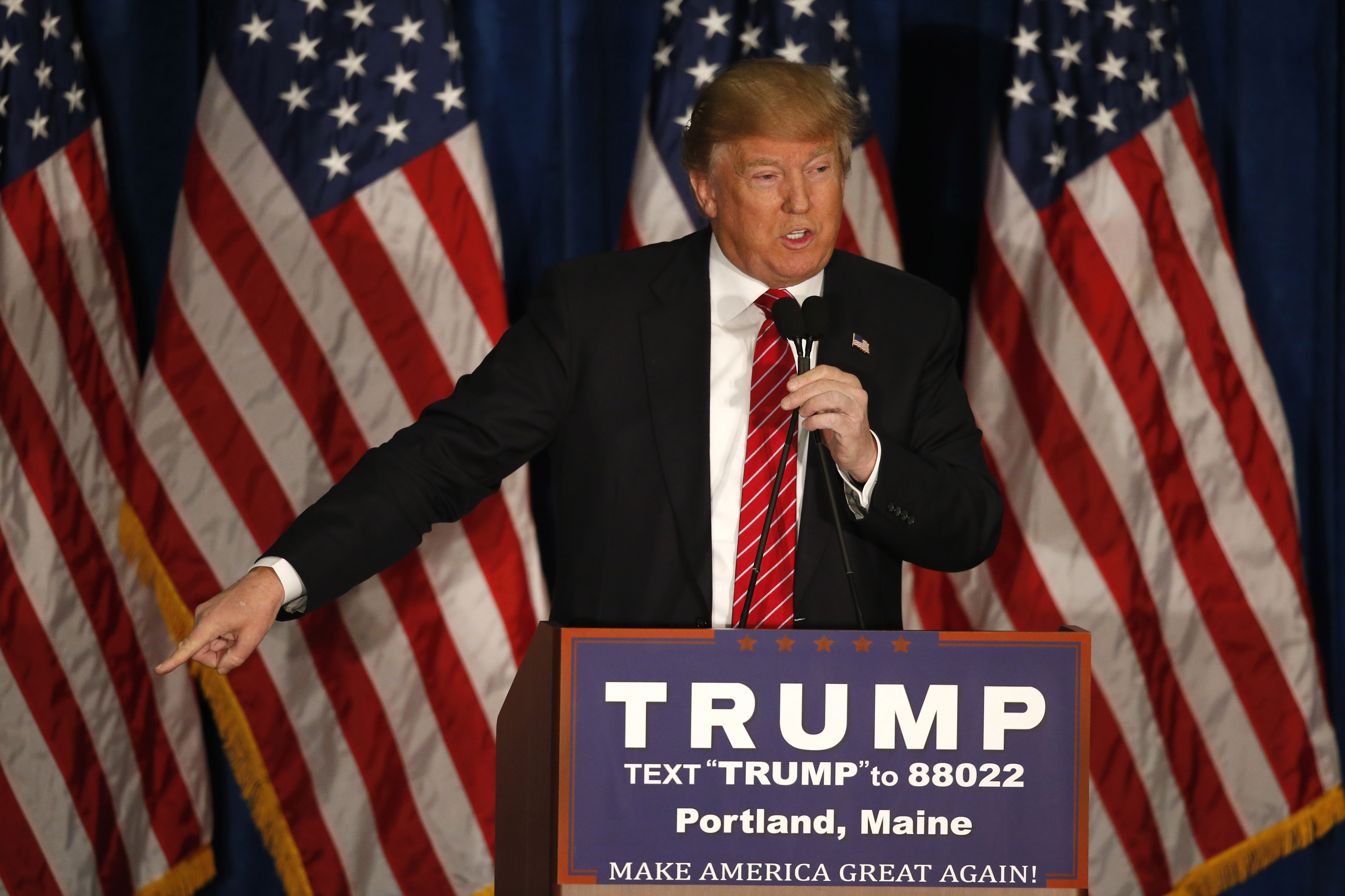 FILE - Republican presidential candidate Donald Trump speaks during a campaign stop in Portland, Maine, March 3, 2016. (AP Photo/Robert F. Bukaty, File)