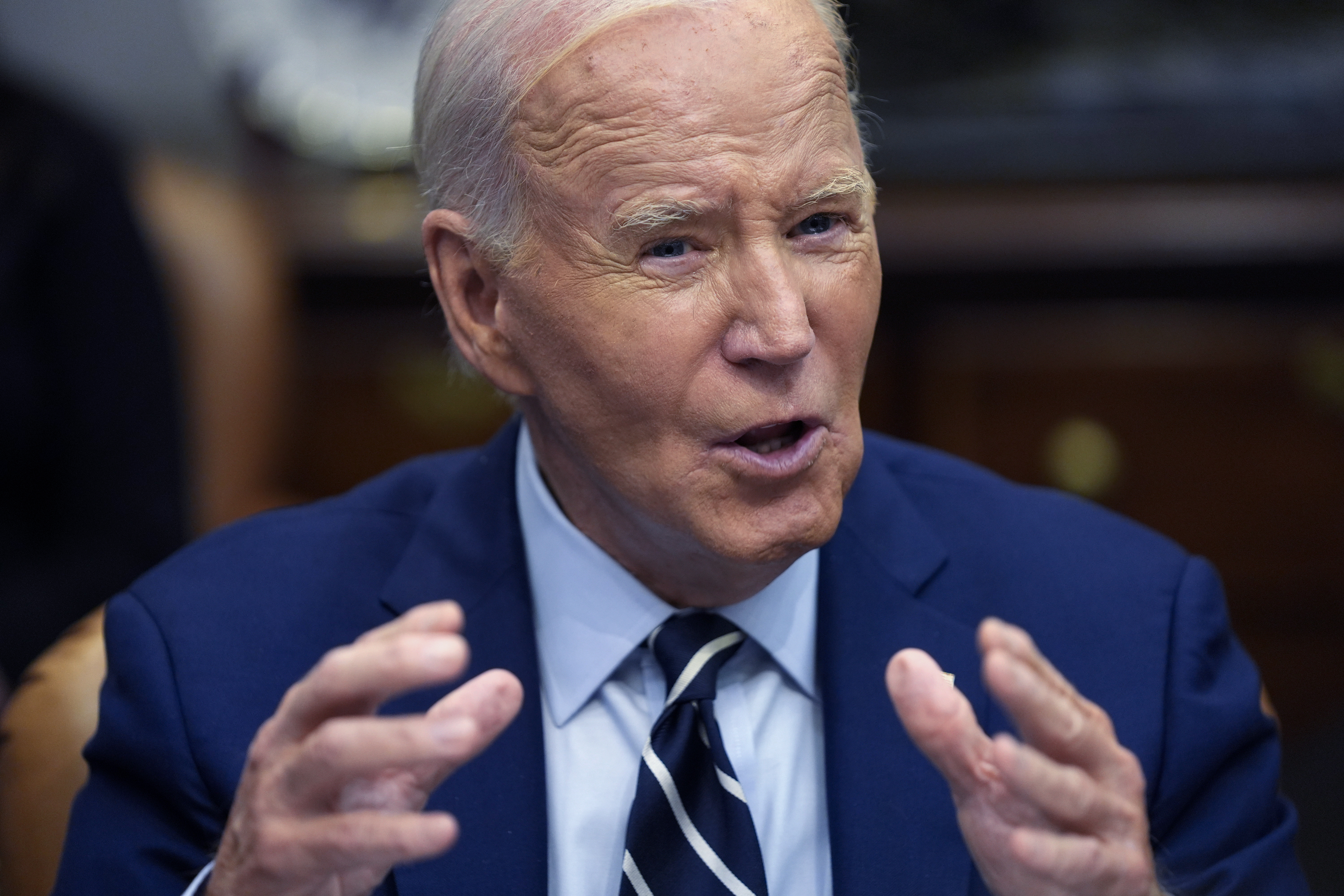 President Joe Biden delivers remarks on the federal government's response to Hurricane Helene and preparations for Hurricane Milton in the Roosevelt Room of the White House, Tuesday, Oct. 8, 2024, in Washington. (AP Photo/Evan Vucci)