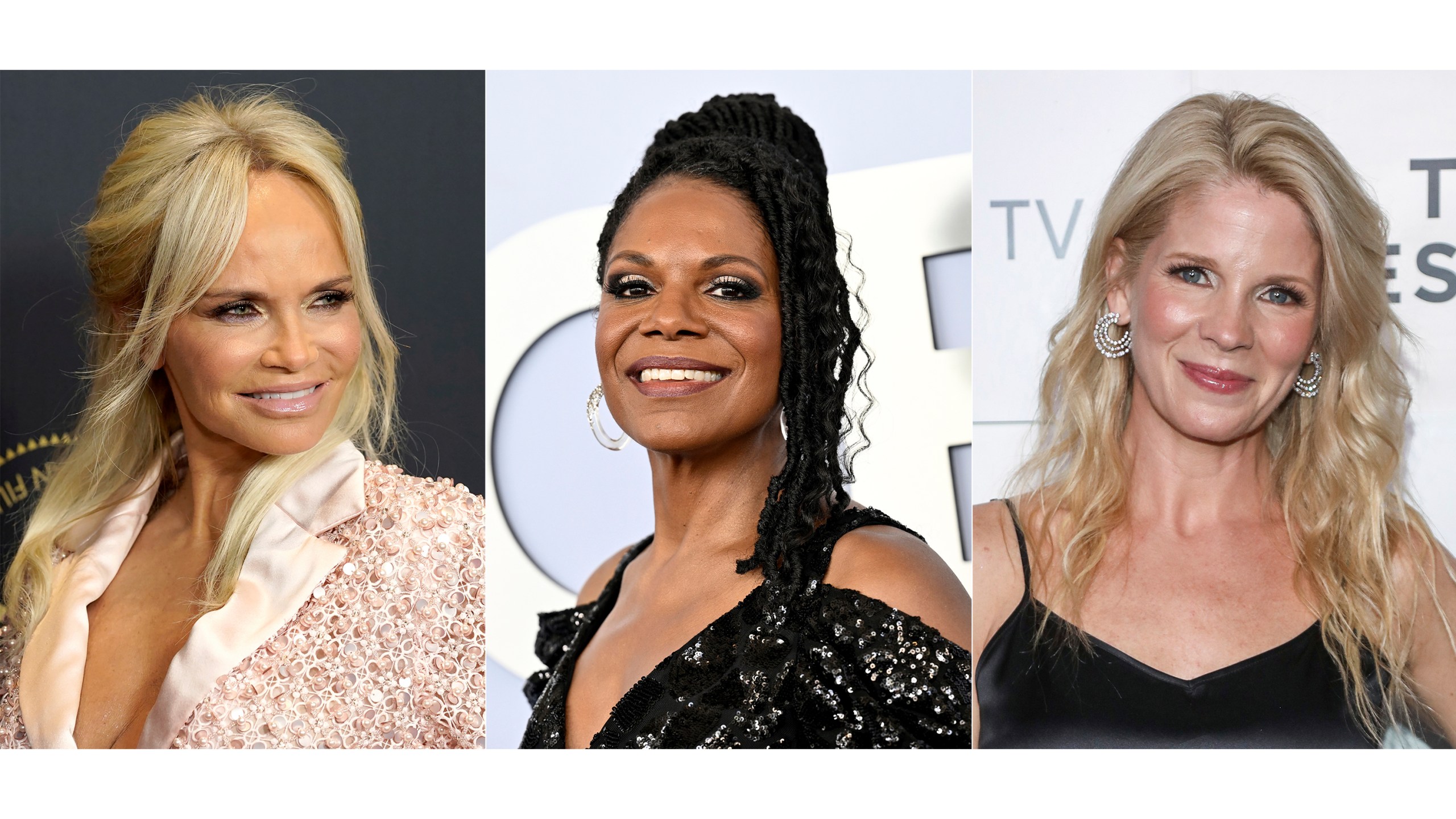 This combination of images shows actors, from left, Kristin Chenoweth, Audra McDonald, and Kelli O'Hara, who will participate in a campaign rally in New York on Monday for Democratic presidential nominee Vice President Kamala Harris. (AP Photo)