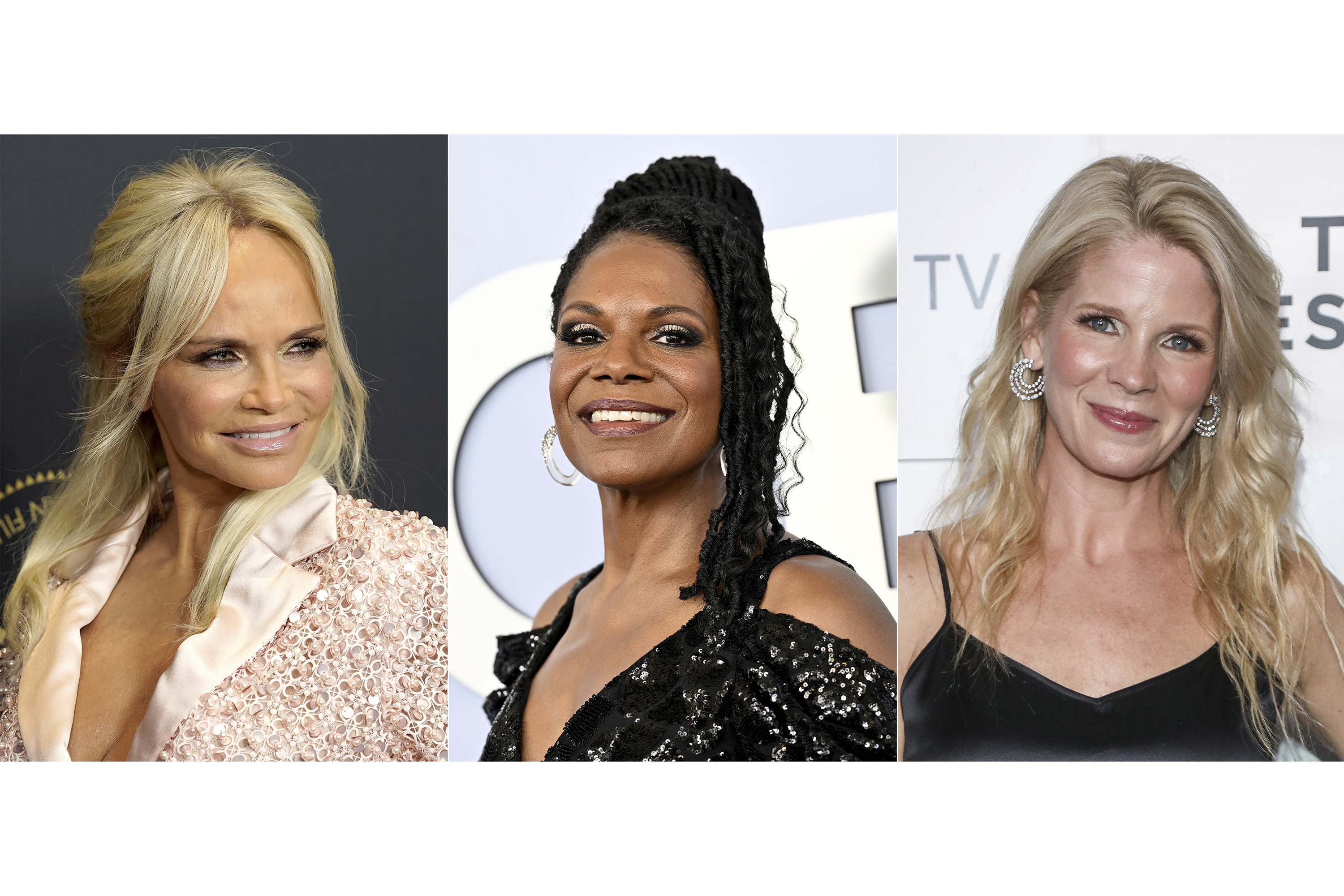 This combination of images shows actors, from left, Kristin Chenoweth, Audra McDonald, and Kelli O'Hara, who will participate in a campaign rally in New York on Monday for Democratic presidential nominee Vice President Kamala Harris. (AP Photo)