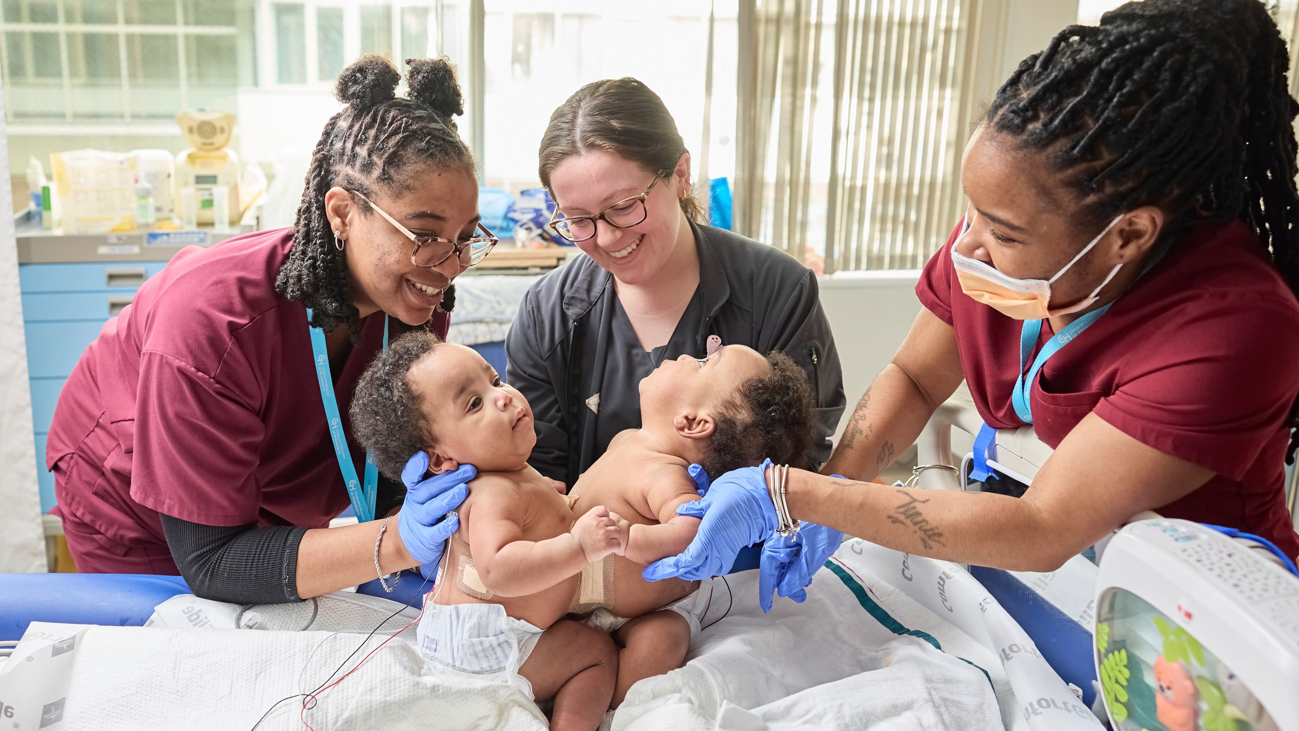 This photo provided by the Children’s Hospital of Philadelphia shows conjoined twins, Amari and Javar Ruffin, at the Children’s Hospital of Philadelphia, March 20, 2024. (Ed Cunicelli/Children’s Hospital of Philadelphia via AP)