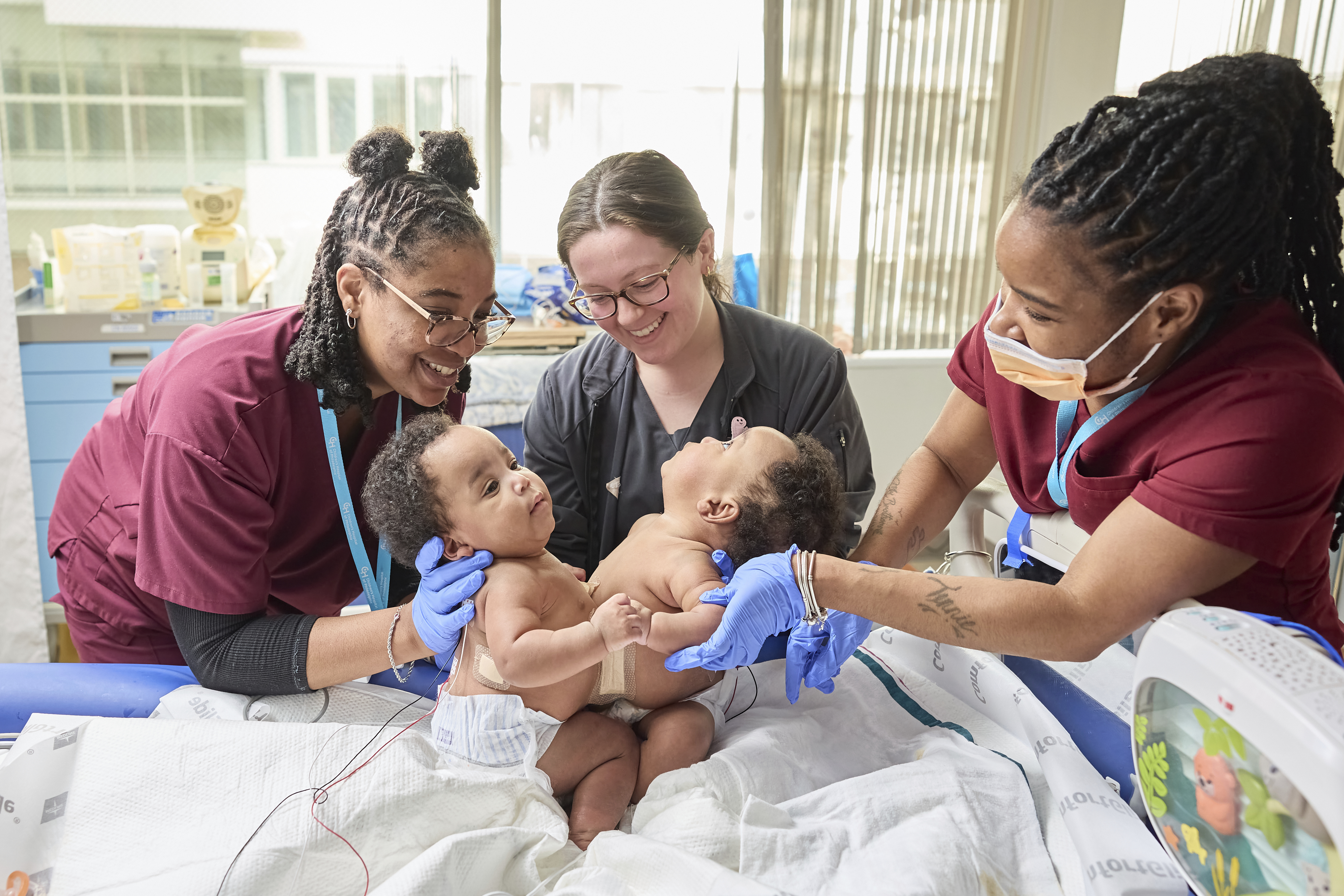 This photo provided by the Children’s Hospital of Philadelphia shows conjoined twins, Amari and Javar Ruffin, at the Children’s Hospital of Philadelphia, March 20, 2024. (Ed Cunicelli/Children’s Hospital of Philadelphia via AP)