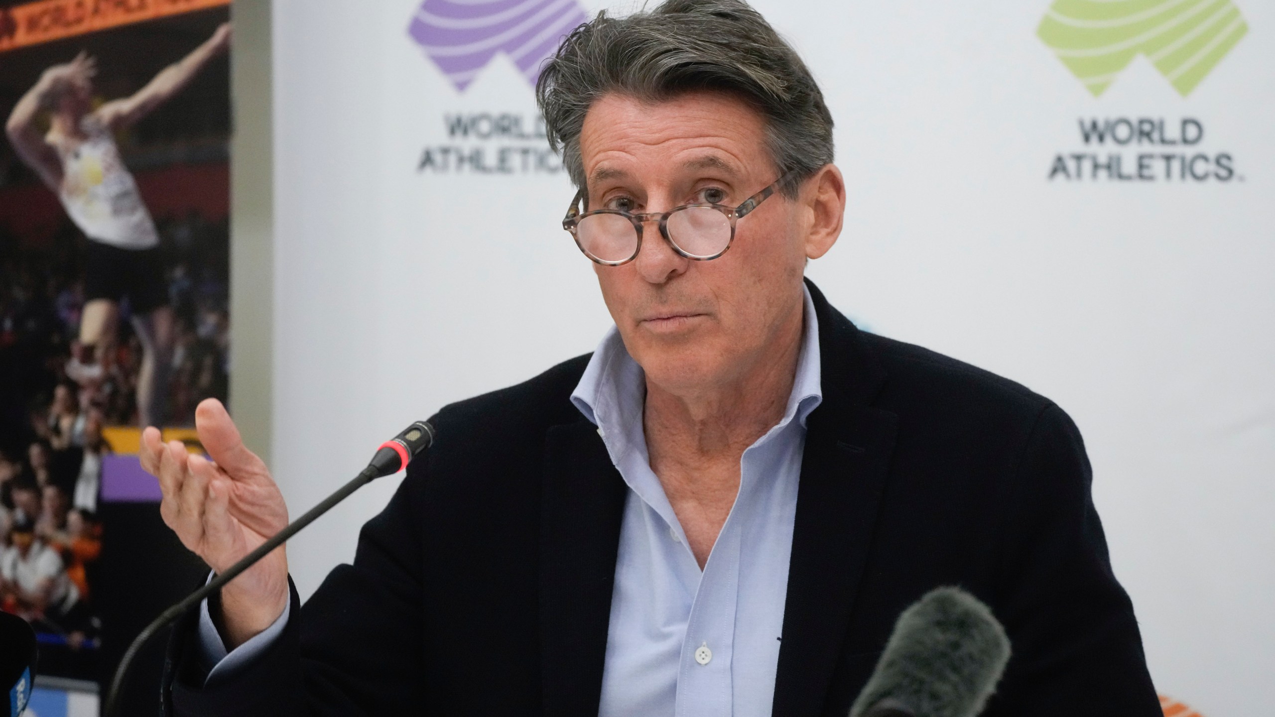 FILE - World Athletics President Sebastian Coe holds a press conference at the conclusion of the World Athletics meeting at the Italian National Olympic Committee, headquarters in Rome, Nov. 30, 2022. (AP Photo/Gregorio Borgia, File)