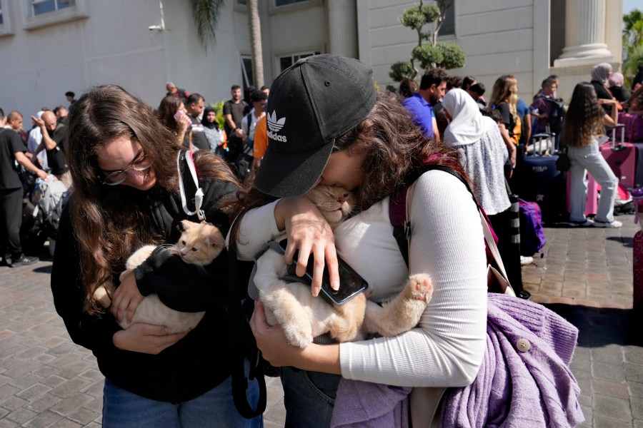 Turkish citizens carry their cats as they wait to board a Turkish navy vessel to be evacuated to Turkey at a gathering point, in Beirut, Lebanon, Wednesday, Oct. 9, 2024. (AP Photo/Hussein Malla)