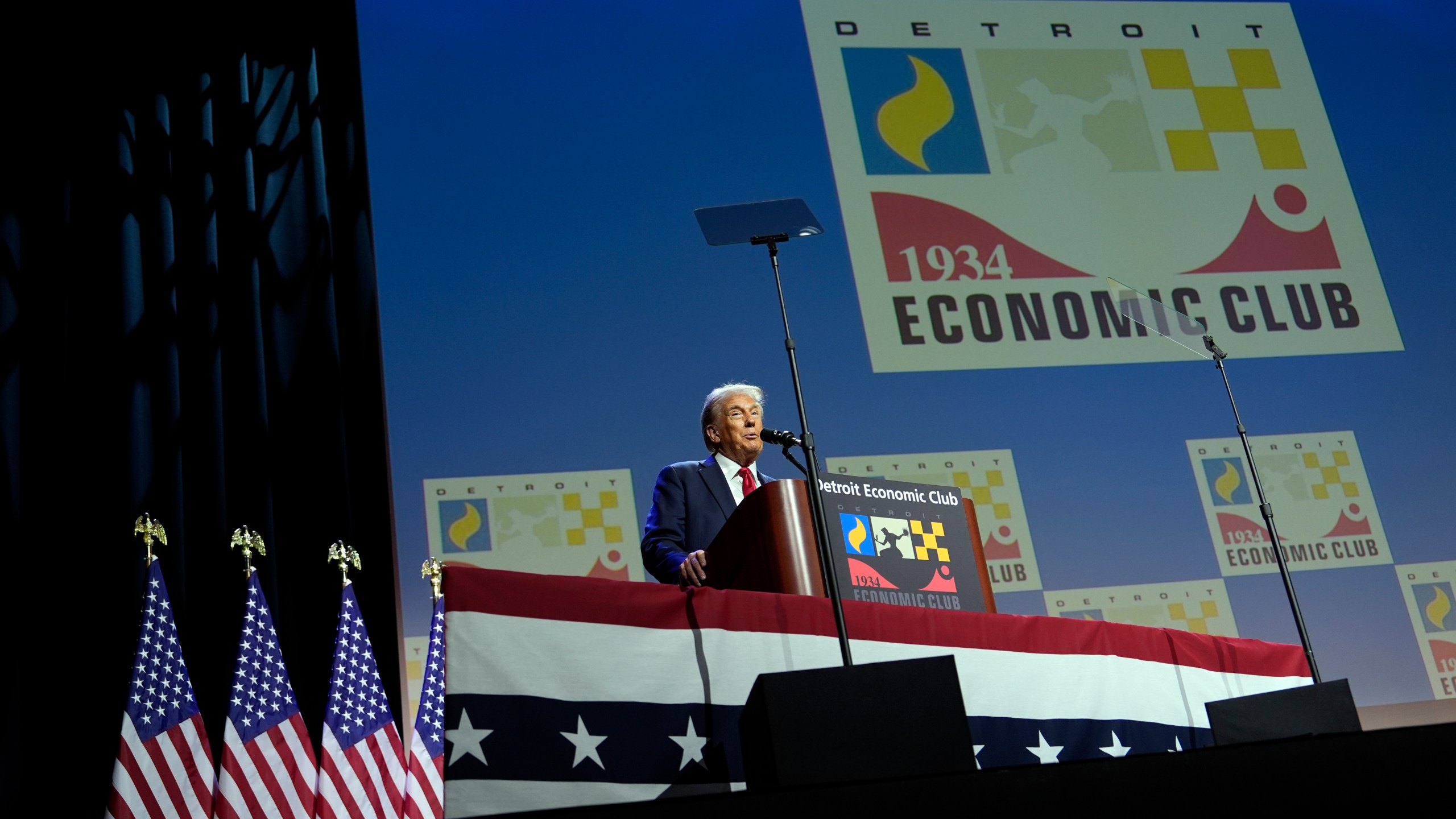 Republican presidential nominee former President Donald Trump speaks at a meeting of the Detroit Economic Club, Thursday, Oct. 10, 2024, in Detroit. (AP Photo/Julia Demaree Nikhinson)