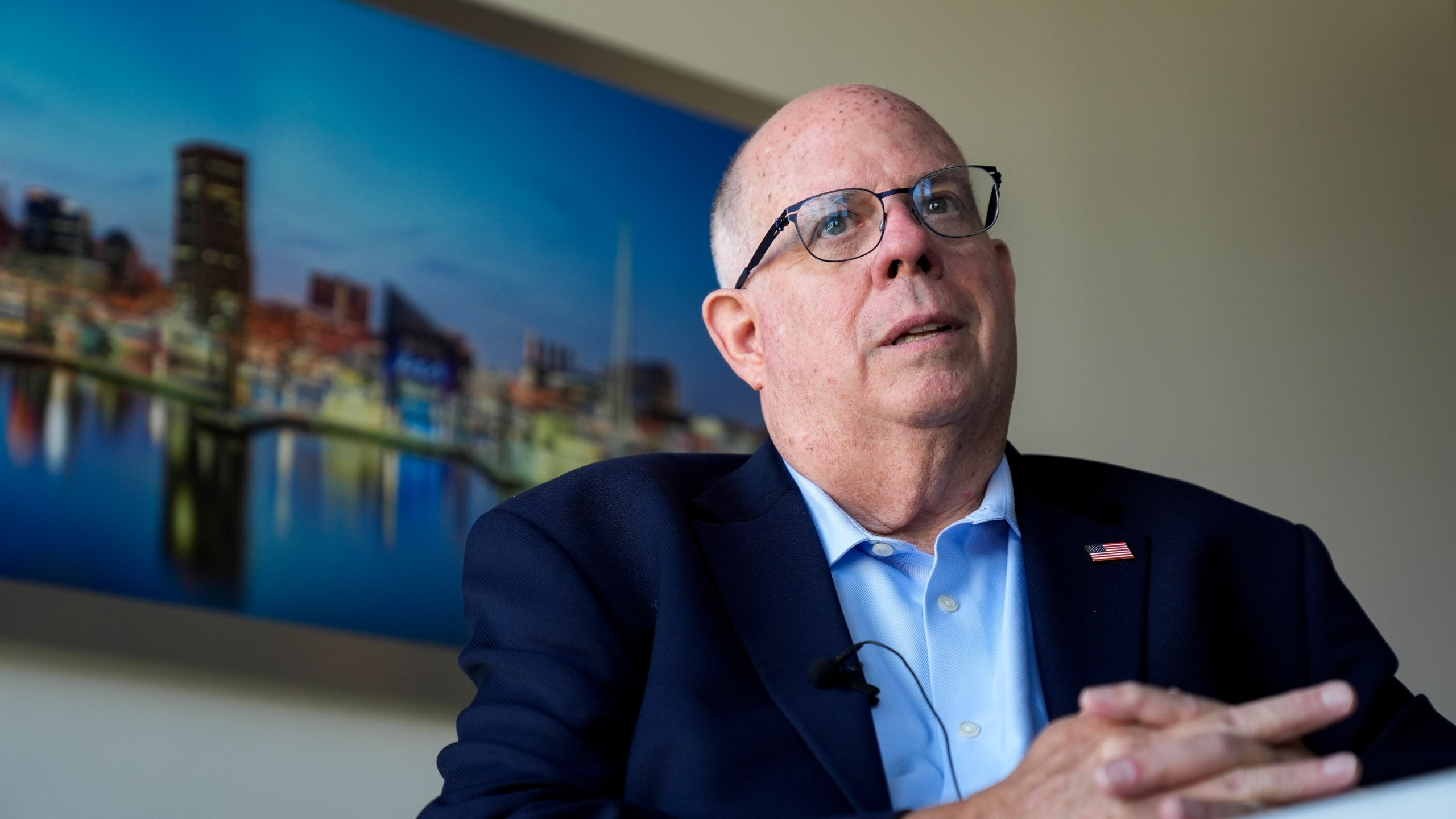 FILE - Senate candidate former Maryland Gov. Larry Hogan speaks during an interview with The Associated Press, Aug. 27, 2024, in Annapolis, Md. (AP Photo/Stephanie Scarbrough, File)