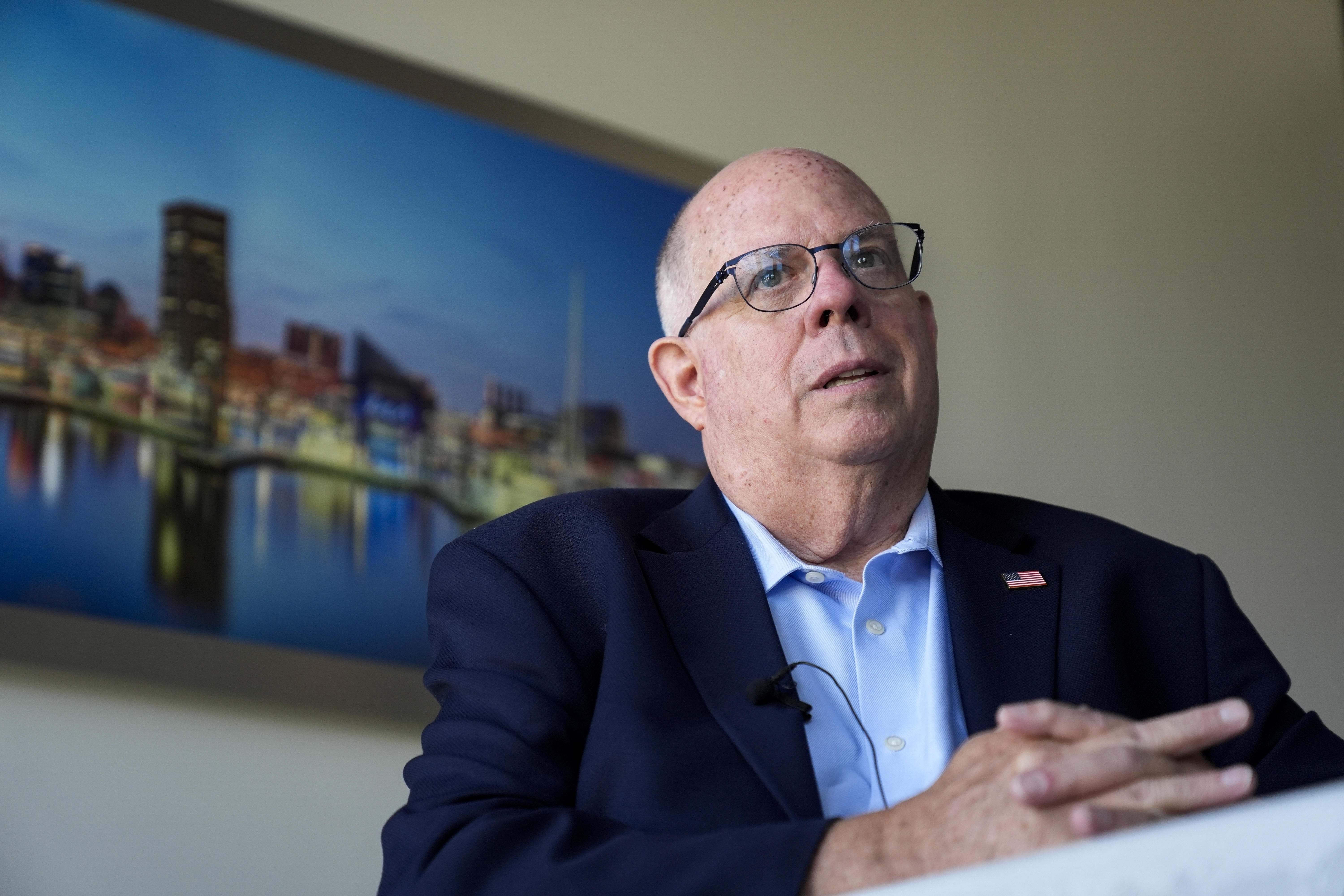 FILE - Senate candidate former Maryland Gov. Larry Hogan speaks during an interview with The Associated Press, Aug. 27, 2024, in Annapolis, Md. (AP Photo/Stephanie Scarbrough, File)