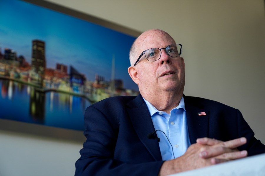 FILE - Senate candidate former Maryland Gov. Larry Hogan speaks during an interview with The Associated Press, Aug. 27, 2024, in Annapolis, Md. (AP Photo/Stephanie Scarbrough, File)