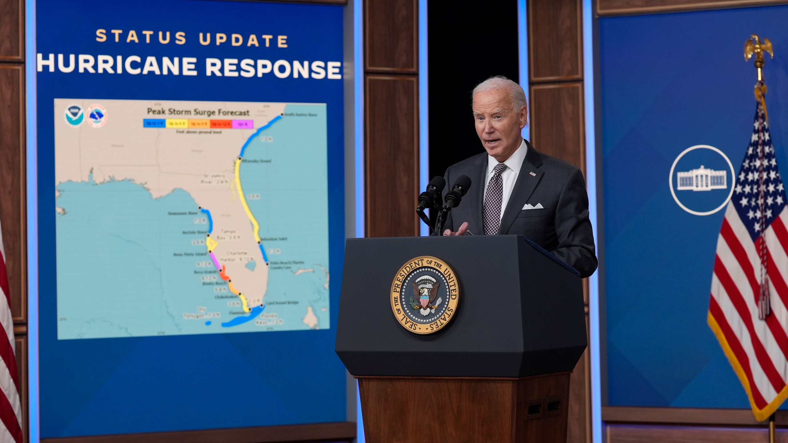 President Joe Biden speaks and gives an update on the impact and the ongoing response to Hurricane Milton, in the South Court Auditorium on the White House complex in Washington, Thursday, Oct. 10, 2024. (AP Photo/Susan Walsh)