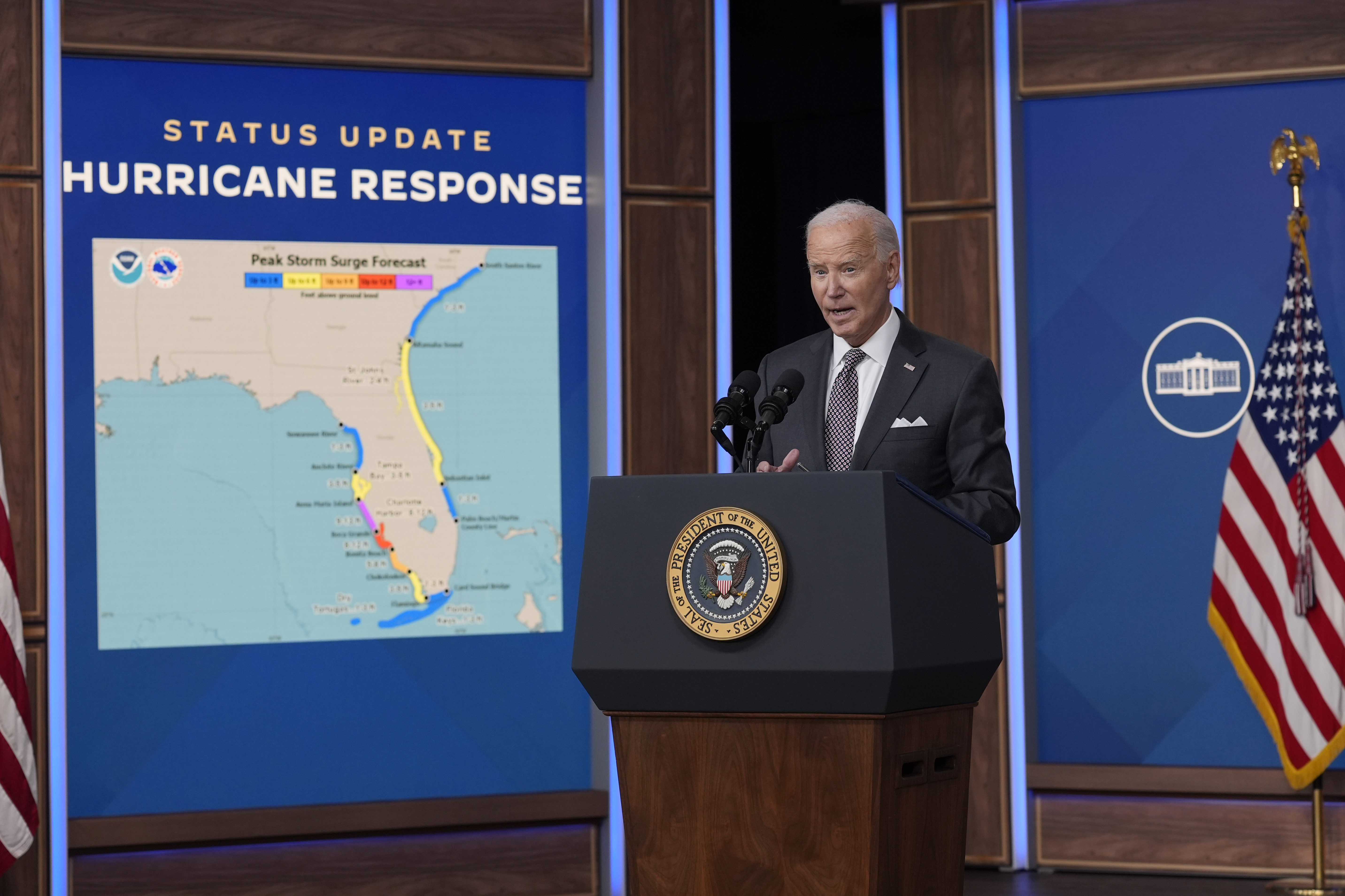 President Joe Biden speaks and gives an update on the impact and the ongoing response to Hurricane Milton, in the South Court Auditorium on the White House complex in Washington, Thursday, Oct. 10, 2024. (AP Photo/Susan Walsh)