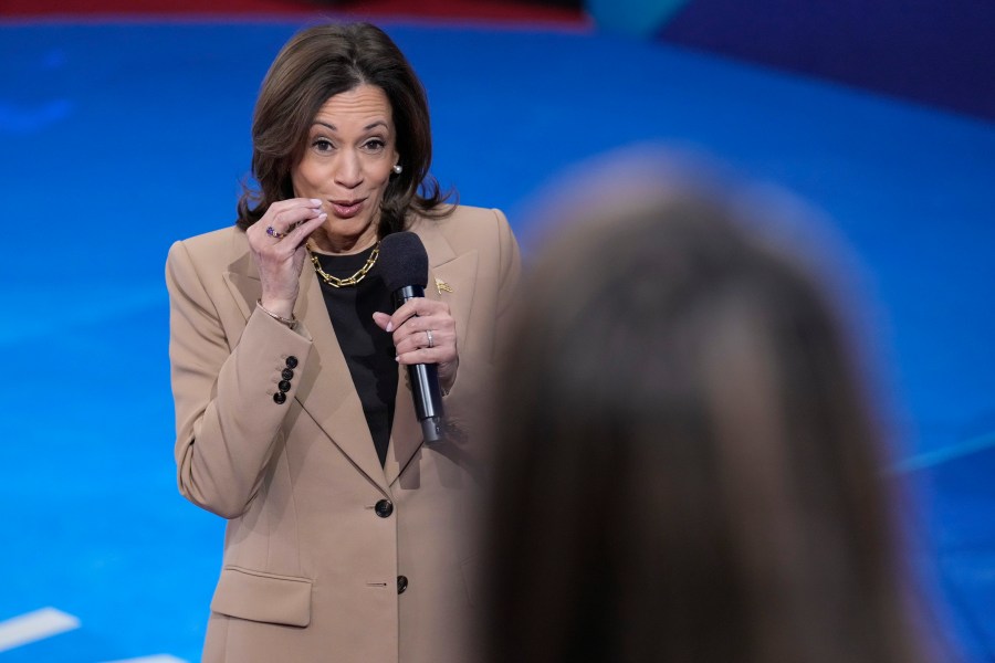 Democratic presidential nominee Vice President Kamala Harris responds to a question from Ivett Castillo, of Las Vegas, during a Town Hall event hosted by Univision, Thursday, Oct. 10, 2024, at the University of Nevada Las Vegas. (AP Photo/Jacquelyn Martin)