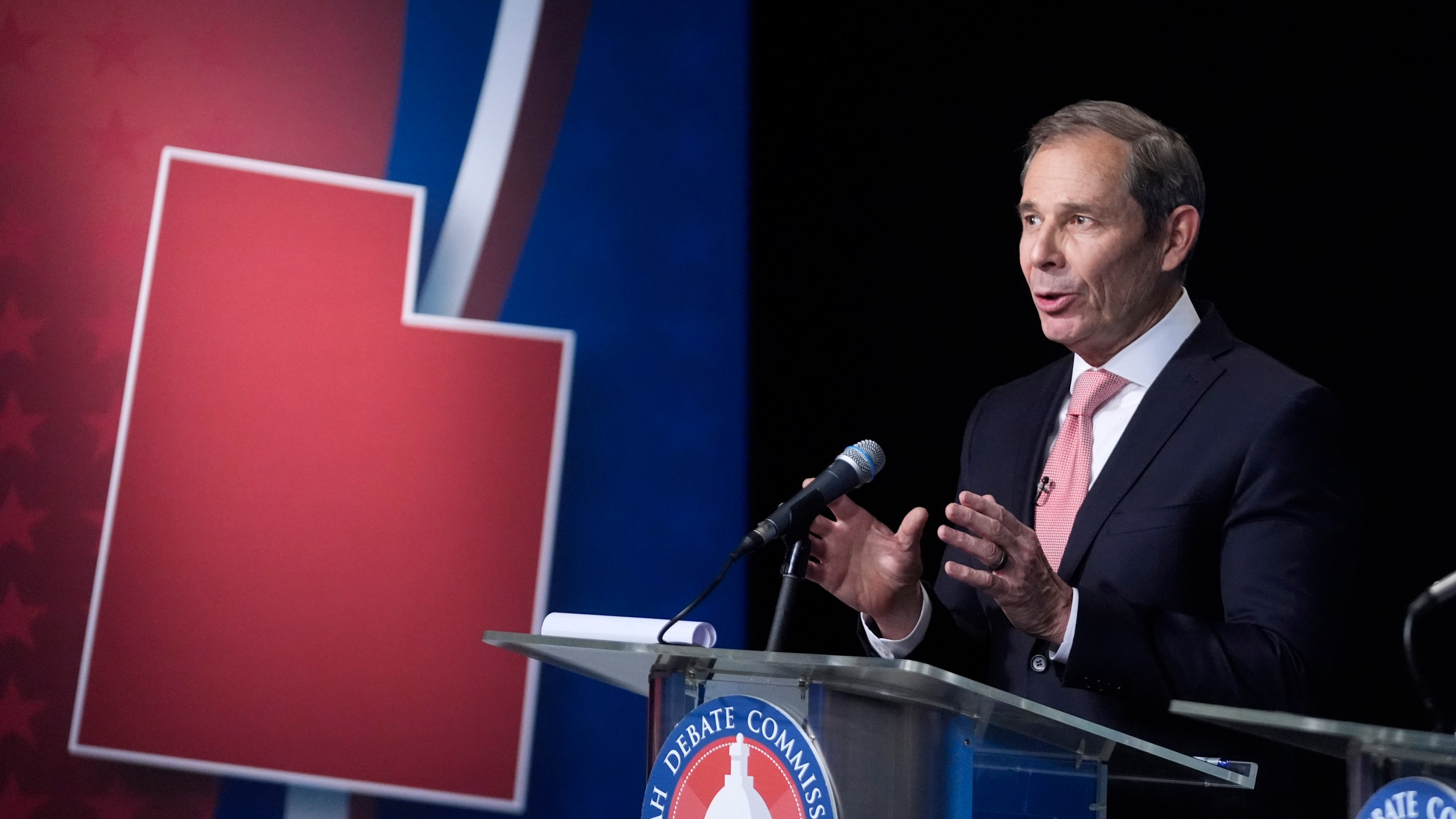 FILE - U.S. Rep. John Curtis speaks during the Utah Senate primary debate for Republican contenders battling to win the seat of retiring U.S. Sen. Mitt Romney, June 10, 2024, in Salt Lake City. (AP Photo/Rick Bowmer, Pool, File)