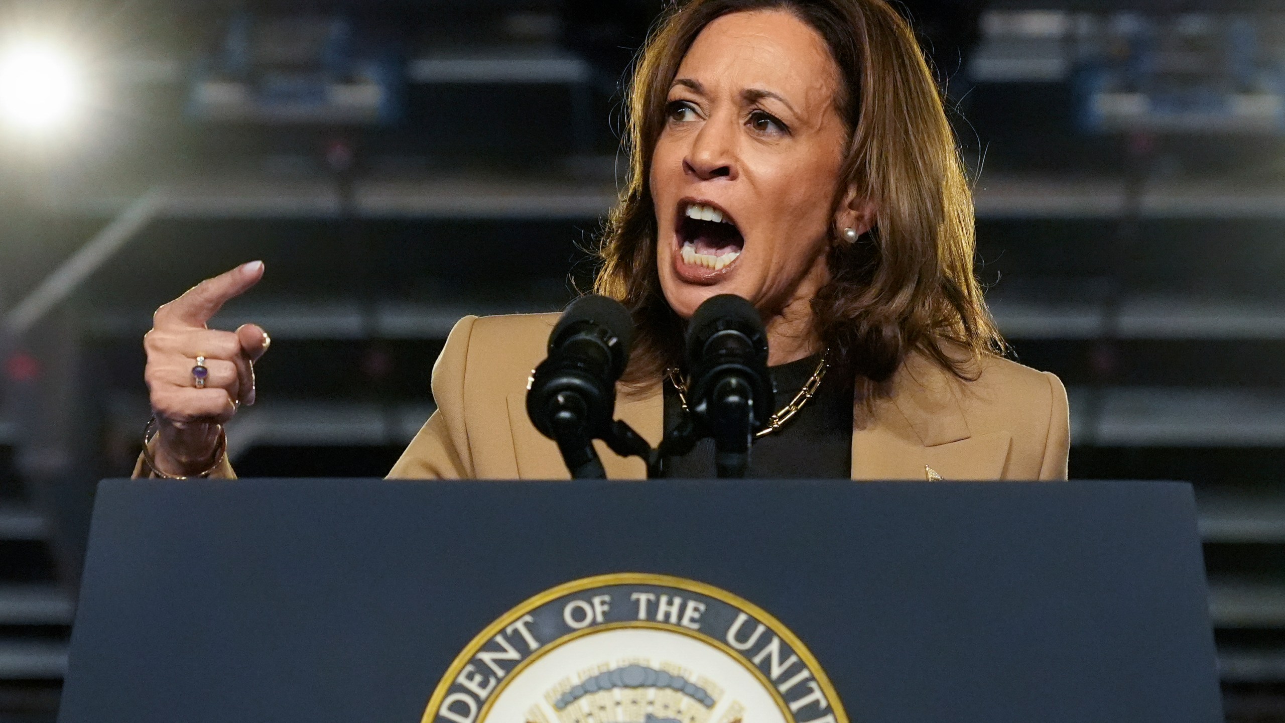 Democratic presidential nominee Vice President Kamala Harris speaks at a campaign event Thursday, Oct. 10, 2024, on the Gila River Indian Community reservation in Chandler, Ariz. (AP Photo/Ross D. Franklin)