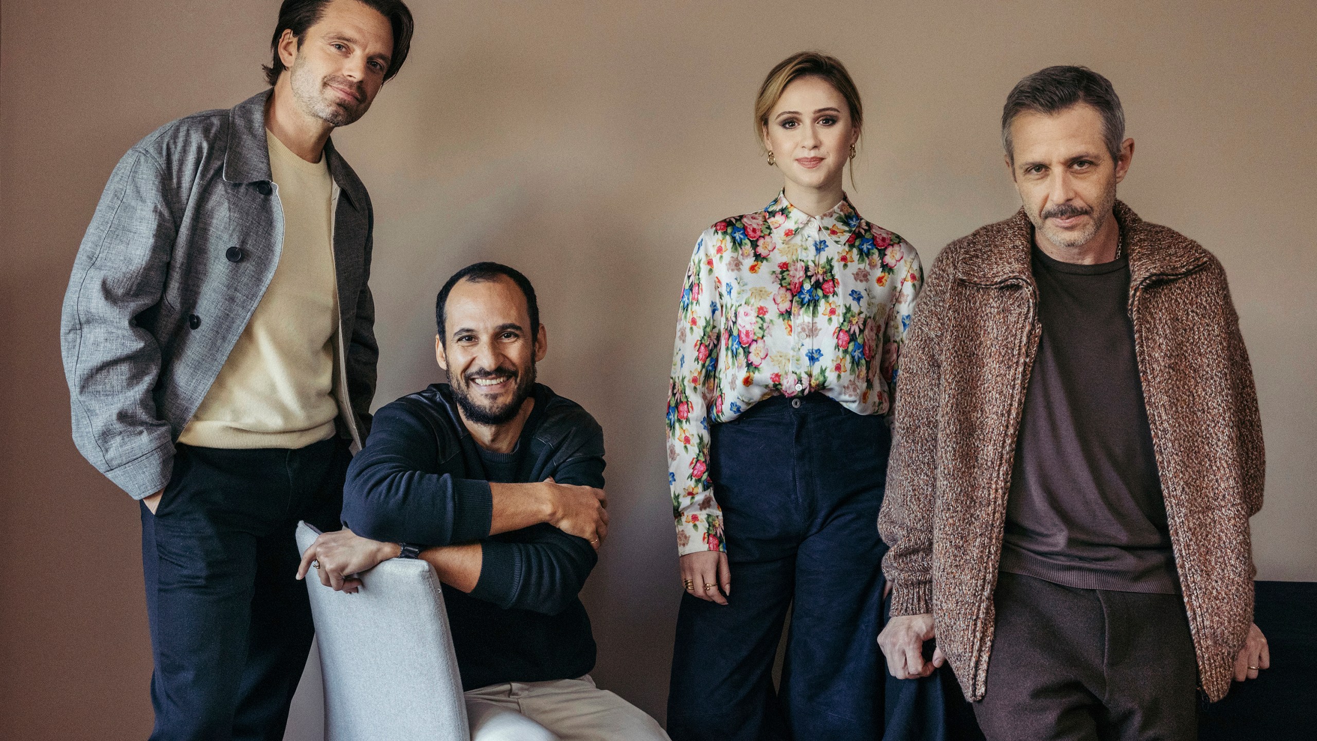 Sebastian Stan, from left, director Ali Abbasi, Maria Bakalova and Jeremy Strong pose for a portrait to promote the film "The Apprentice" on Tuesday, Oct. 8, 2024, in New York. (Photo by Victoria Will/Invision/AP)