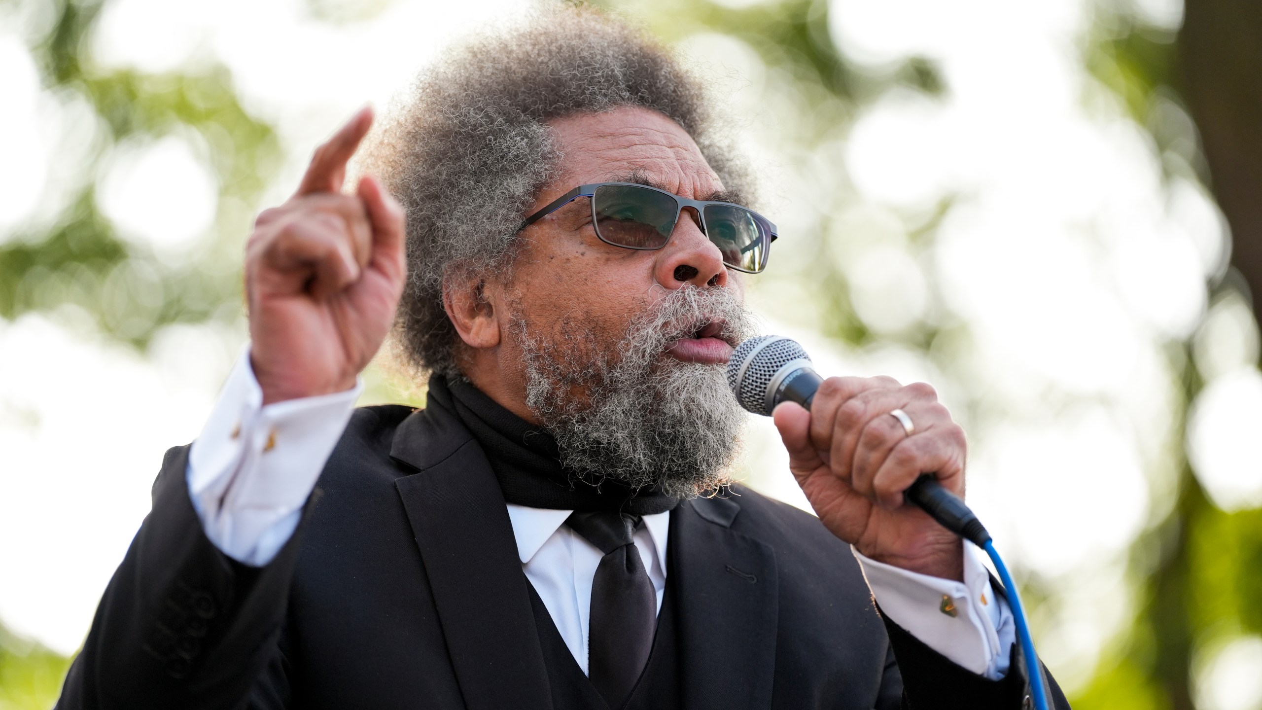 FILE - Progressive activist Cornel West speaks at a demonstration in Union Park outside the Democratic National Convention, Aug. 21, 2024, in Chicago. (AP Photo/Alex Brandon, File)