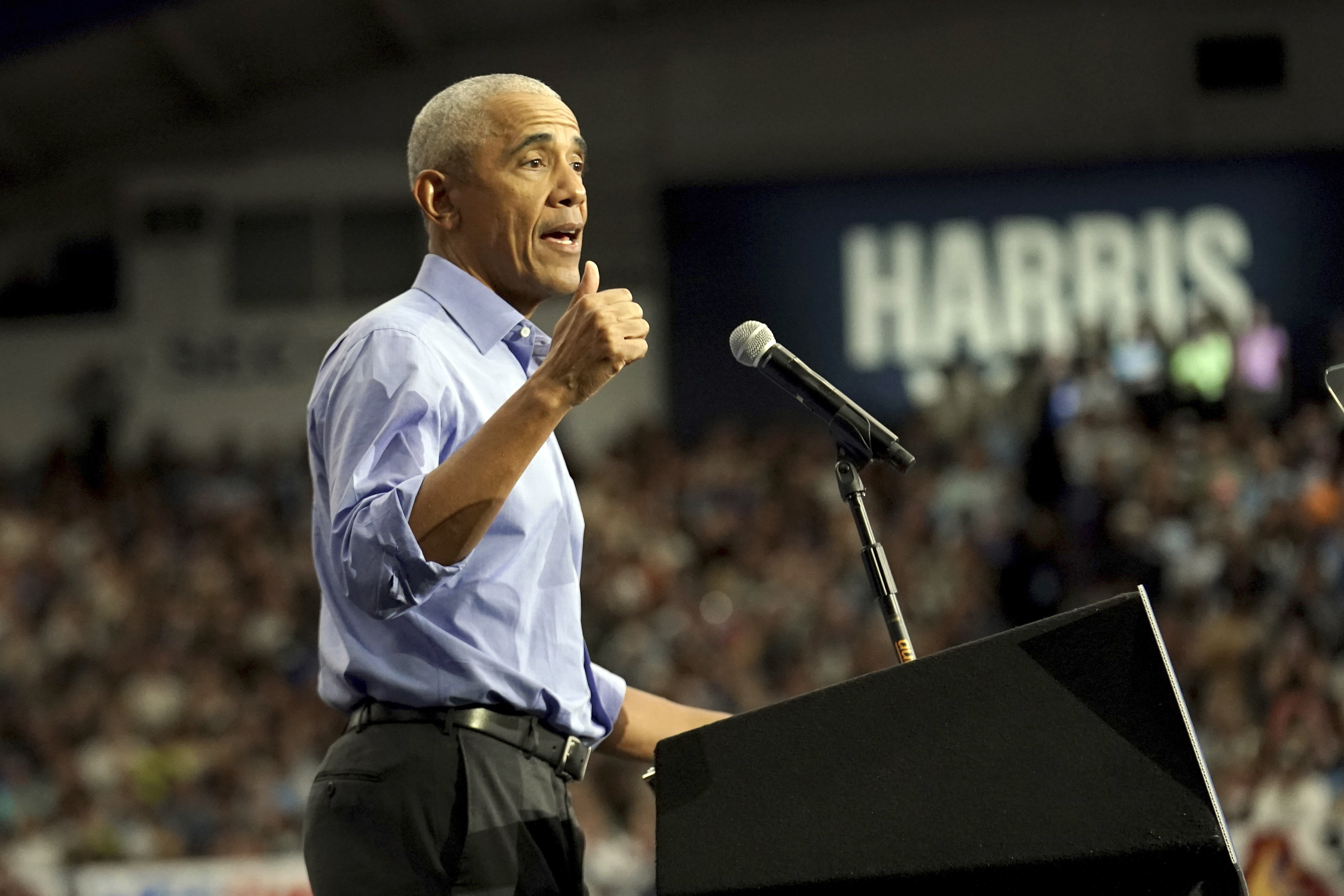 Former President Barack Obama speaks during a campaign rally supporting Democratic presidential nominee Vice President Kamala Harris, Thursday, Oct. 10, 2024, at the University of Pittsburgh's Fitzgerald Field House in Pittsburgh. (AP Photo/Matt Freed)