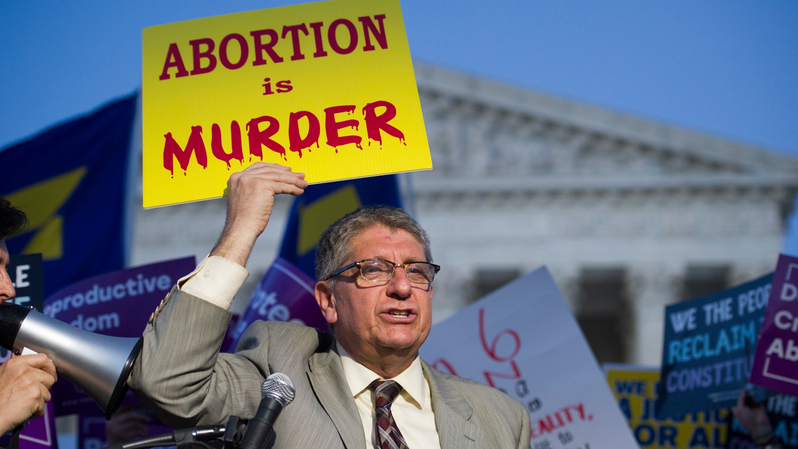 FILE - Operation Rescue founder Randall Terry protests in front of the Supreme Court in Washington, Monday, July 9, 2018. (AP Photo/Cliff Owen, File)