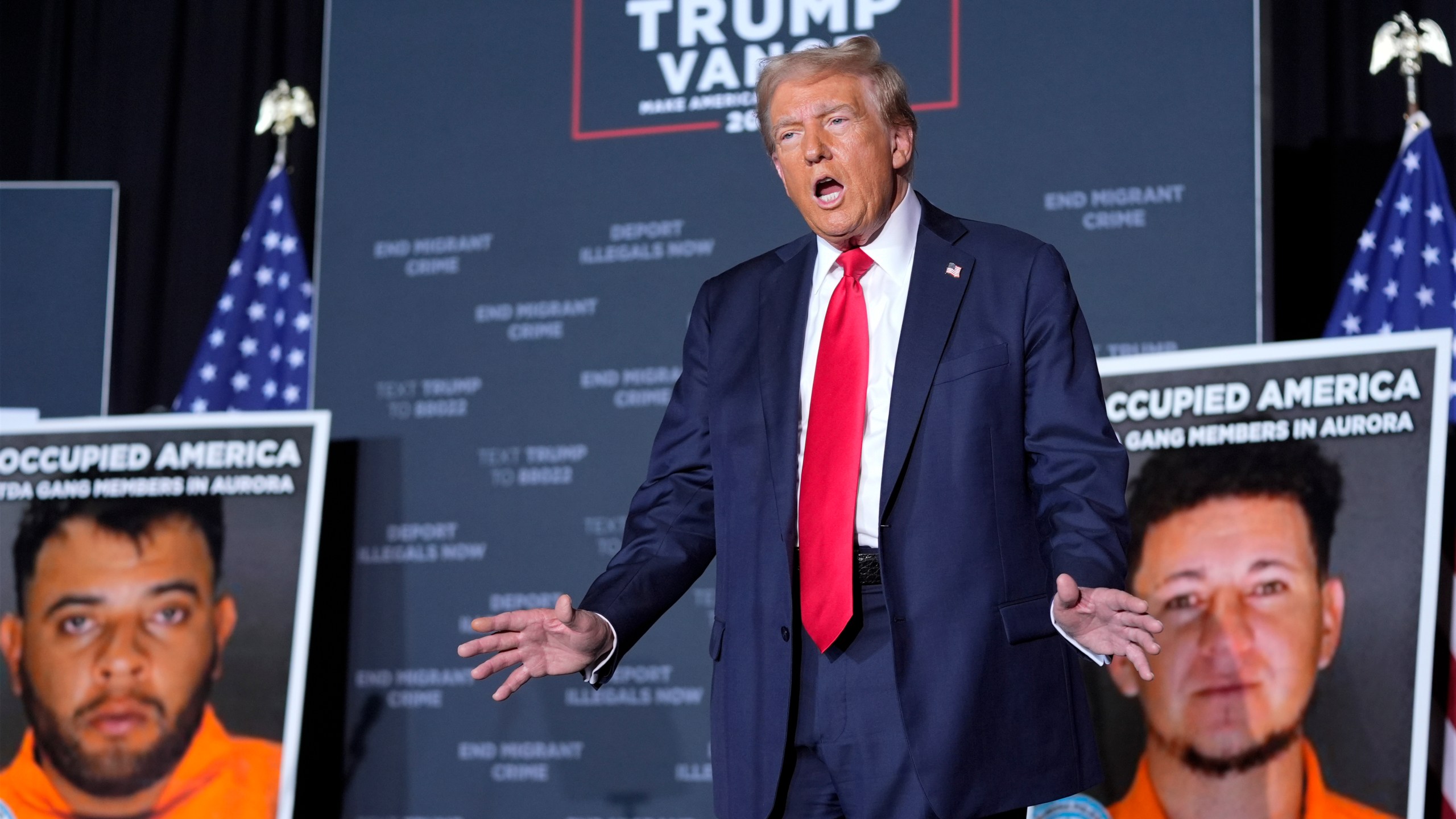 Republican presidential nominee former President Donald Trump arrives for a campaign rally at the Gaylord Rockies Resort & Convention Center, Friday, Oct. 11, 2024, in Aurora, Colo. (AP Photo/Alex Brandon)