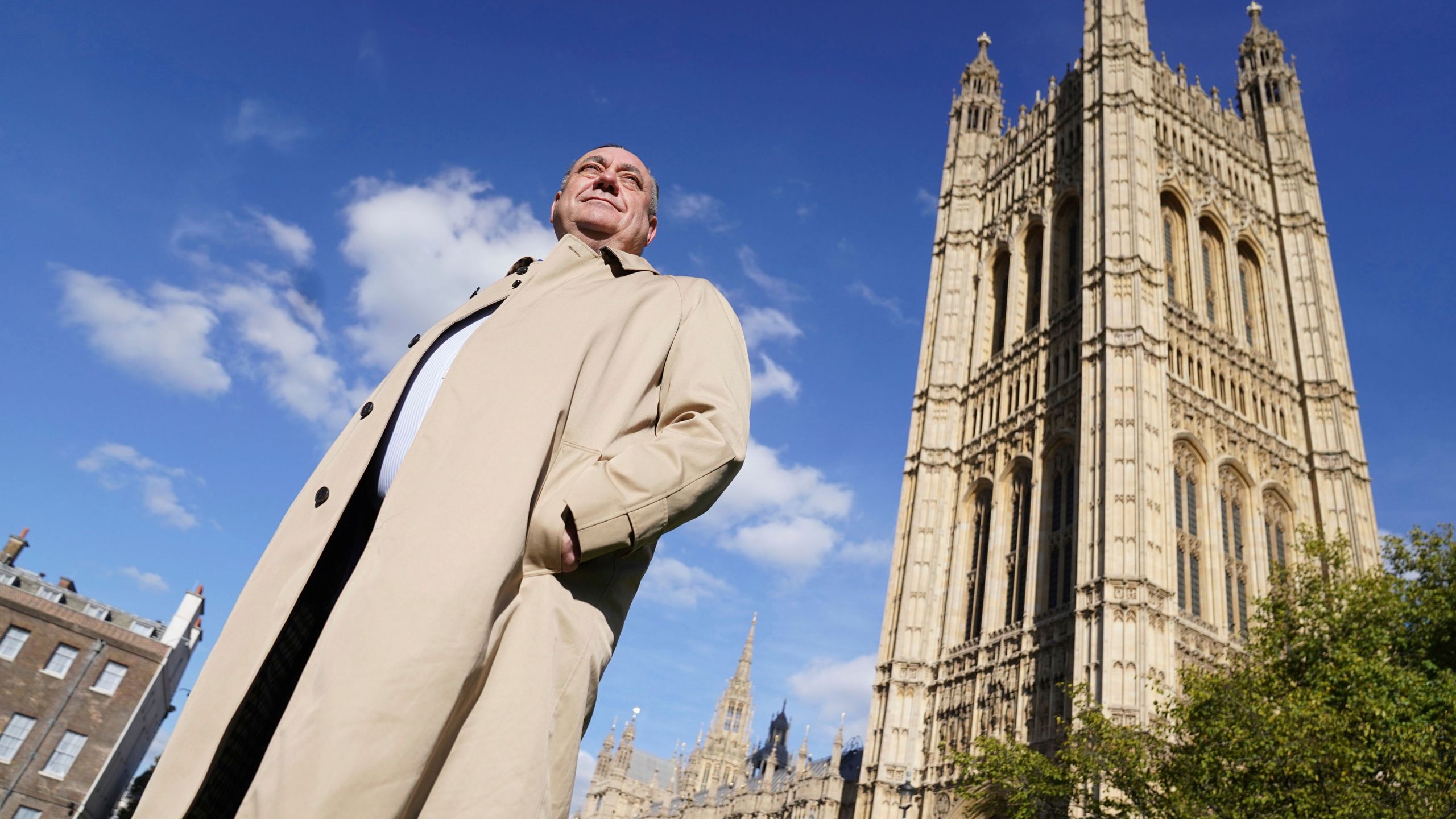 FILE - Alex Salmond speaks to the media on College Green, Westminster, London on Oct. 11, 2022. (Stefan Rousseau/PA via AP)