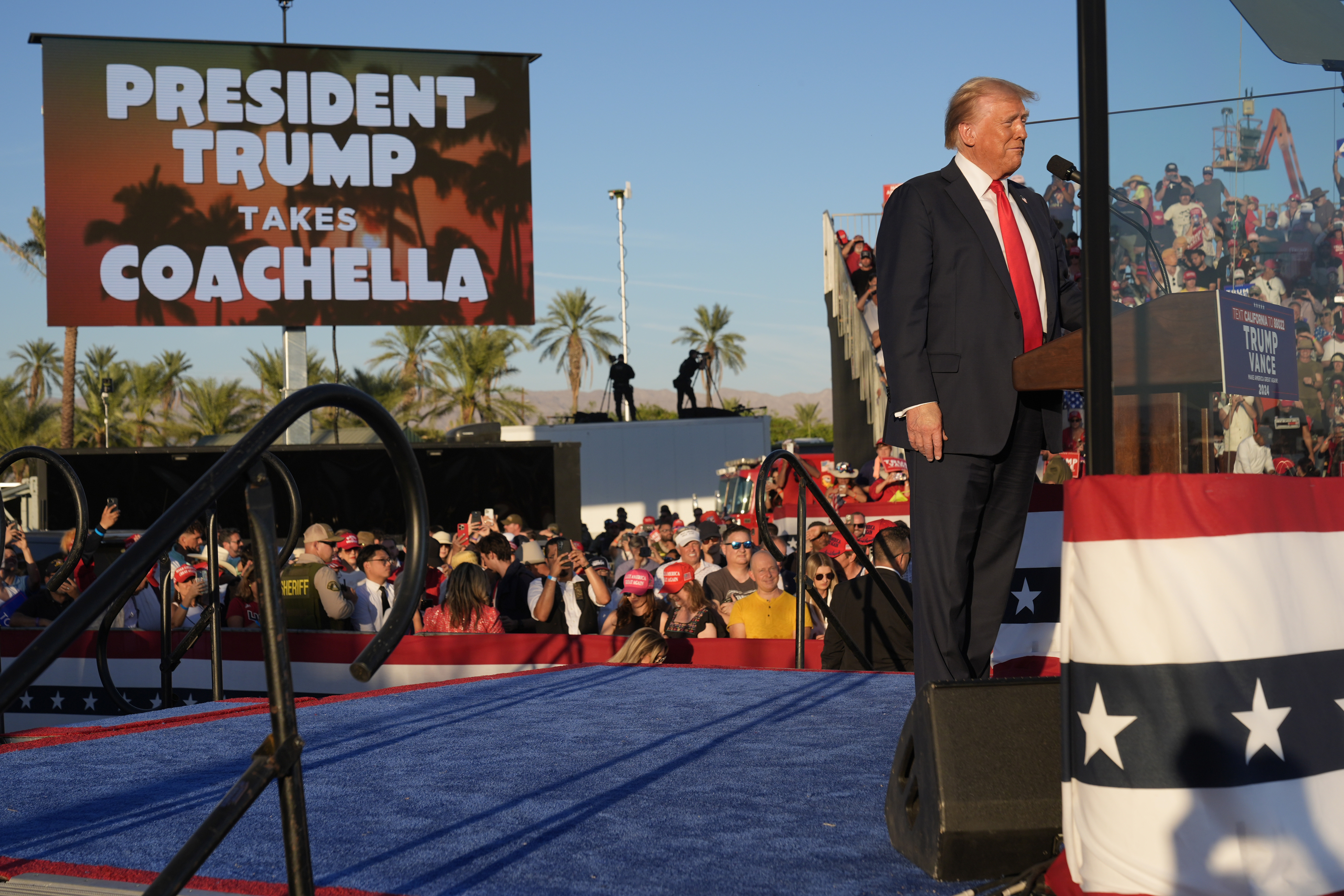 Republican presidential nominee former President Donald Trump arrives to speak at a campaign rally at the Calhoun Ranch, Saturday, Oct. 12, 2024, in Coachella, Calif. (AP Photo/Alex Brandon)