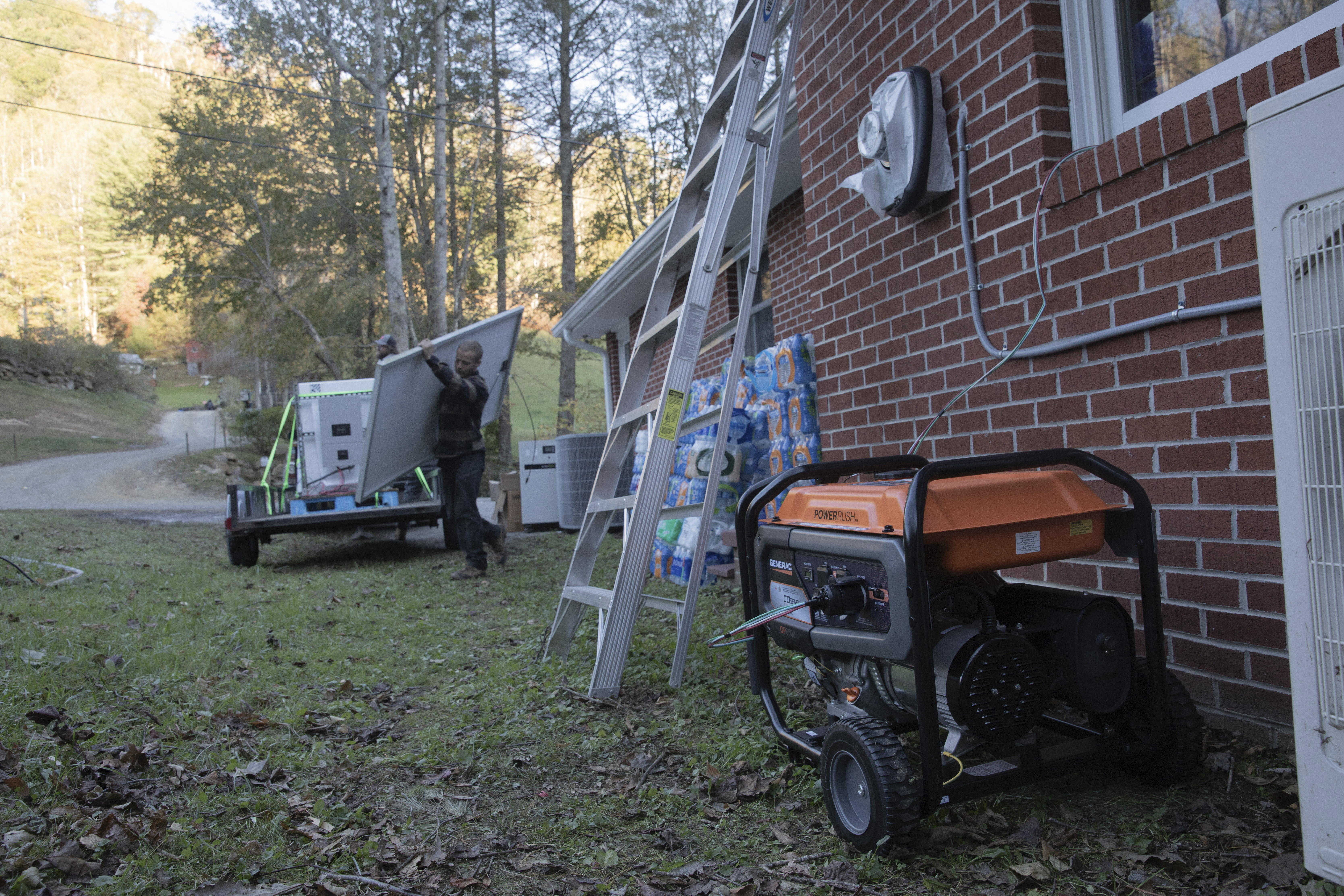 A generator powers a resource hub at the Beans Creek Church of the Lord Jesus Christ in Bakersville, N.C. on Oct. 9, 2024. (AP Photo/Gabriela Aoun Angueria)