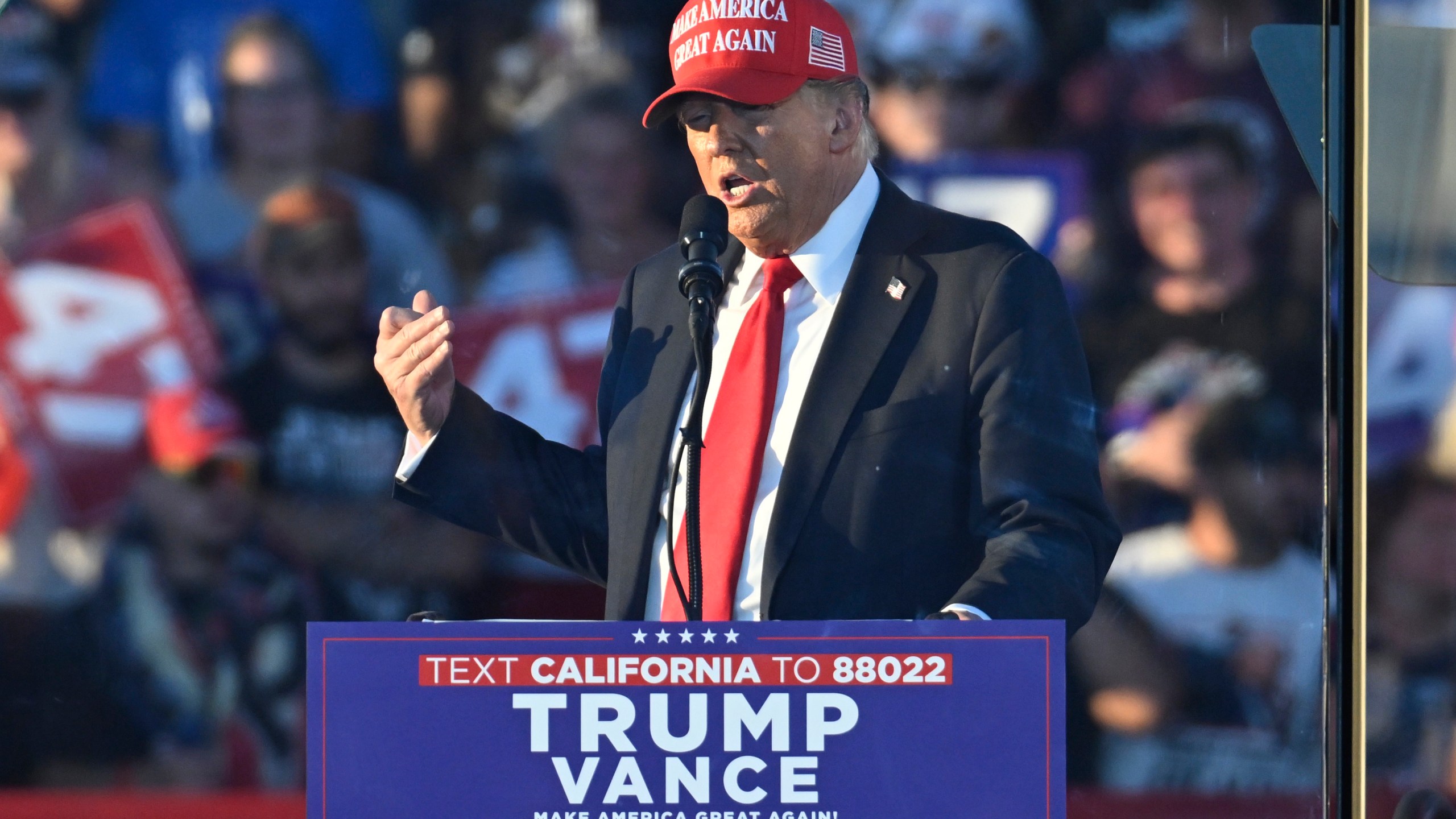 Republican presidential nominee former President Donald Trump speaks at a campaign rally at the Calhoun Ranch, Saturday, Oct. 12, 2024, in Coachella, Calif. (AP Photo/Alex Gallardo)