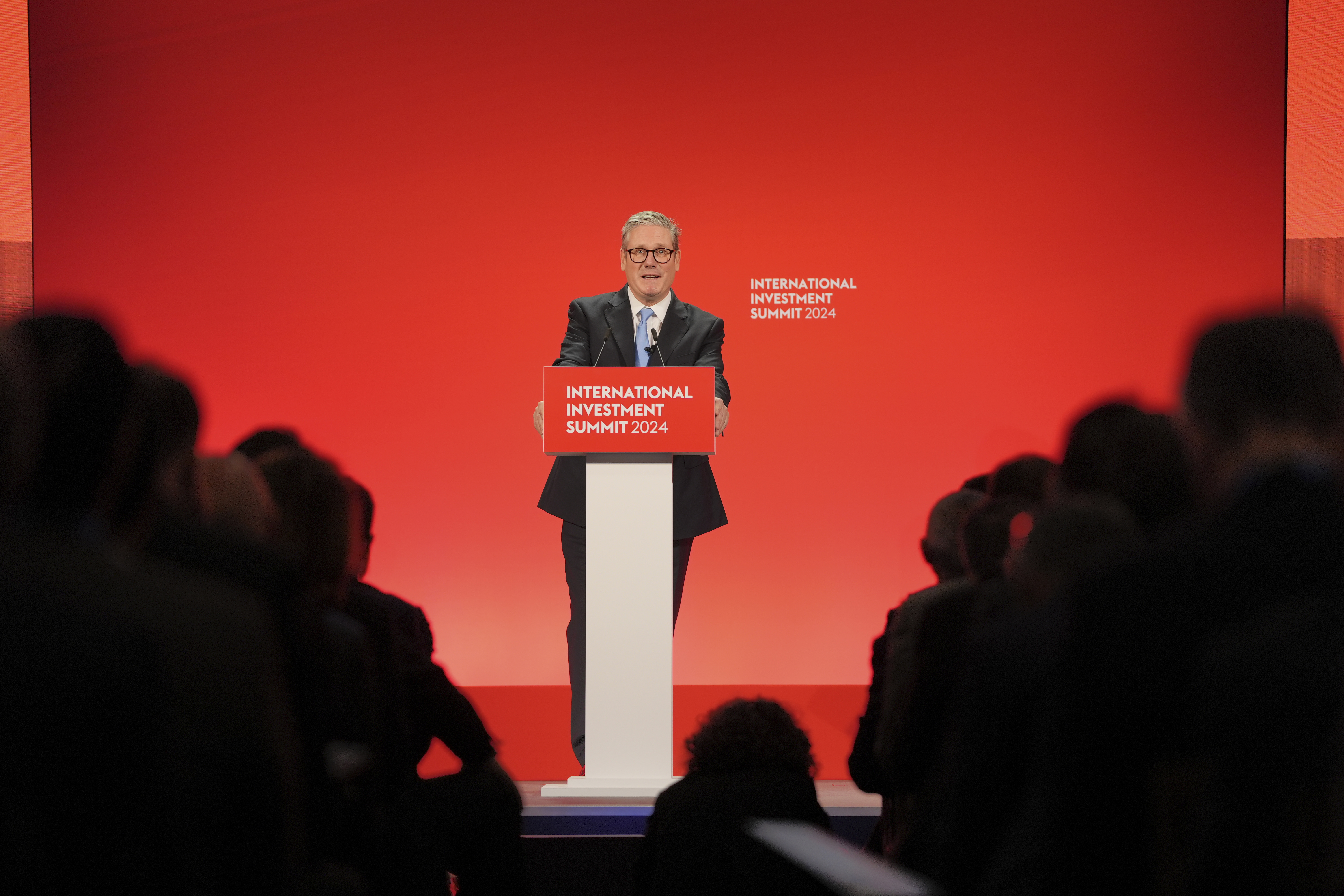 Britain's Prime Minister Keir Starmer speaks during the International Investment Summit in London, Monday, Oct. 14, 2024. (Jonathan Brady/Pool Photo via AP)