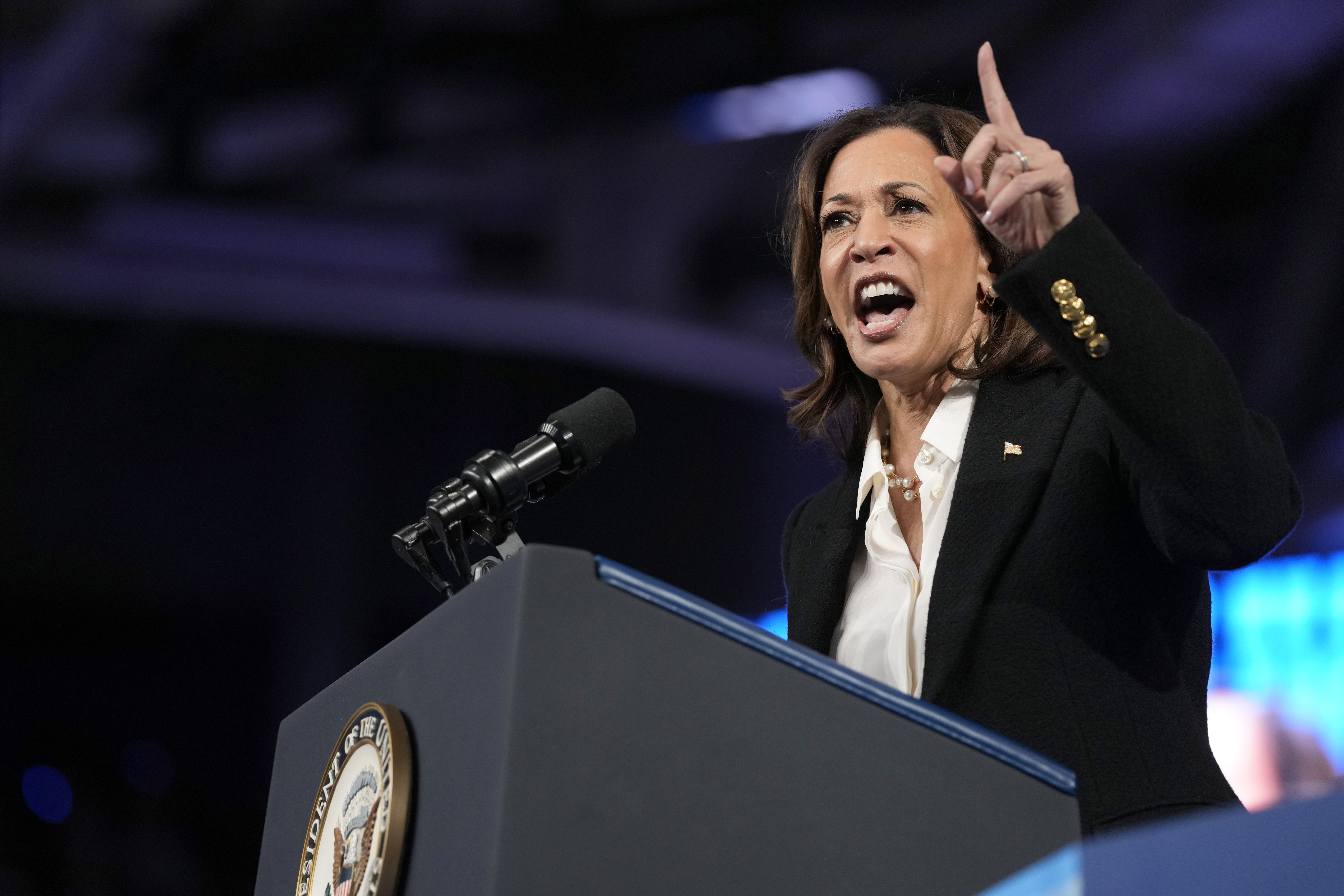 Democratic presidential nominee Vice President Kamala Harris speaks at a campaign rally at East Carolina University in Greenville, N.C., Sunday, Oct. 12, 2024. (AP Photo/Susan Walsh)