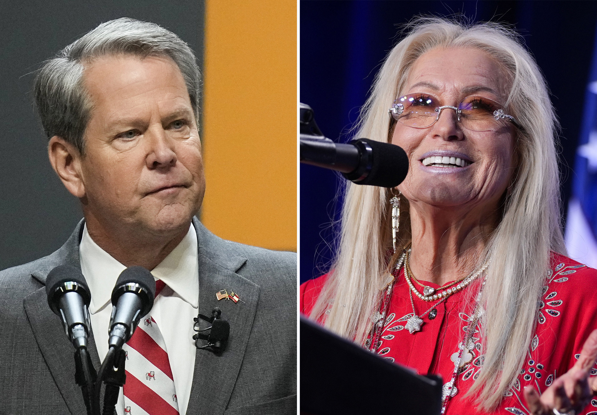 This combination photo shows Gov. Brian Kemp, left, at an event, Jan. 12, 2023, in Atlanta, and Miriam Adelson at an event, Sept. 19 2024, in Washington. (AP Photo)