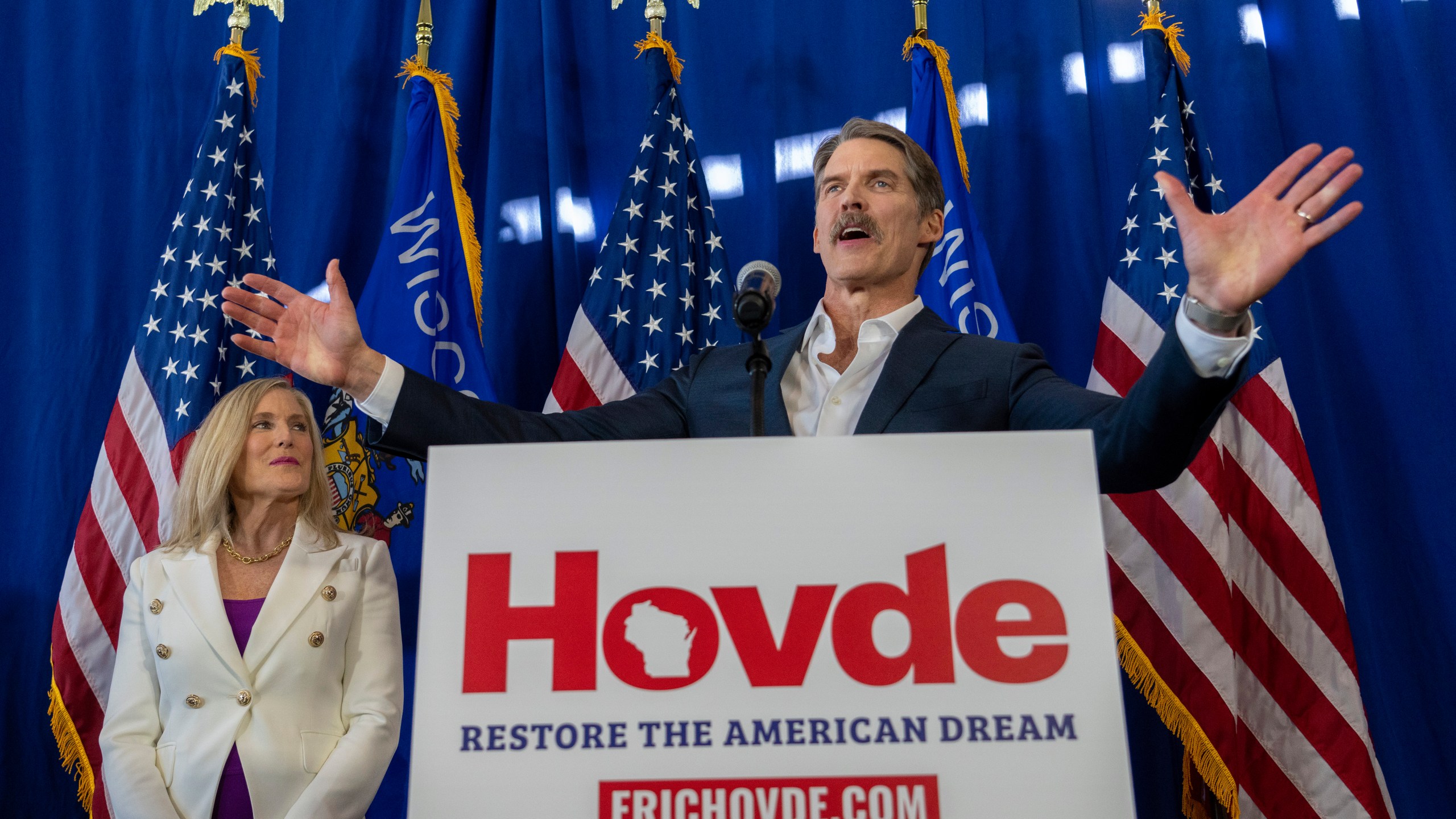 FILE - Eric Hovde, a Republican businessman and real estate mogul launched, announces he is running for U.S. Senate against Wisconsin Democratic incumbent Sen. Tammy Baldwin, Feb. 20, 2024, in Madison, Wis. (Mark Hoffman=wimil