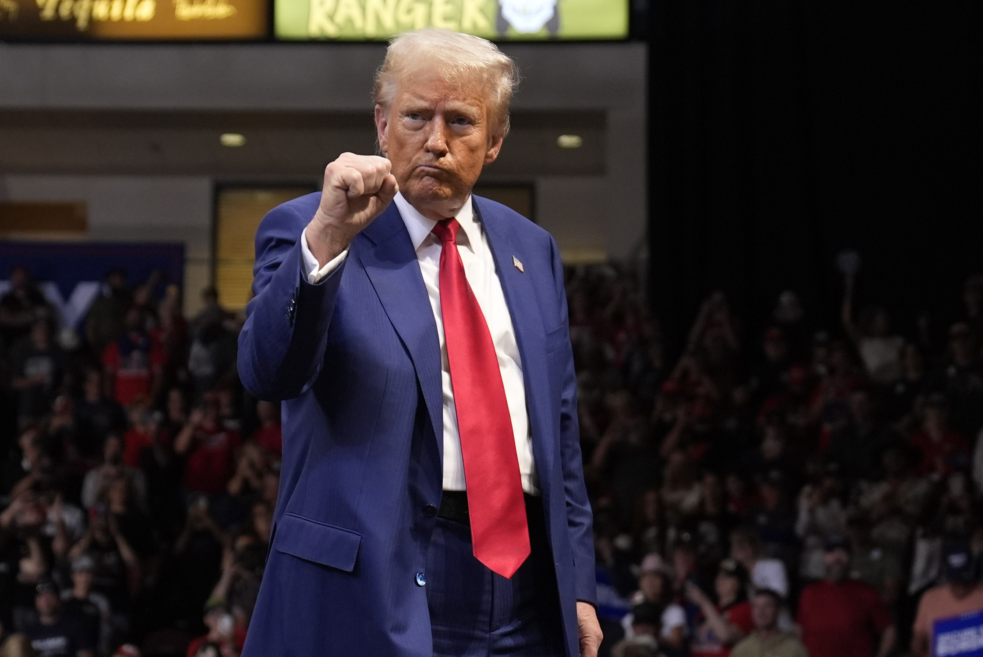 Republican presidential nominee former President Donald Trump gestures at a campaign rally at the Findlay Toyota Arena Sunday, Oct. 13, 2024, in Prescott Valley, Ariz. (AP Photo/Evan Vucci)