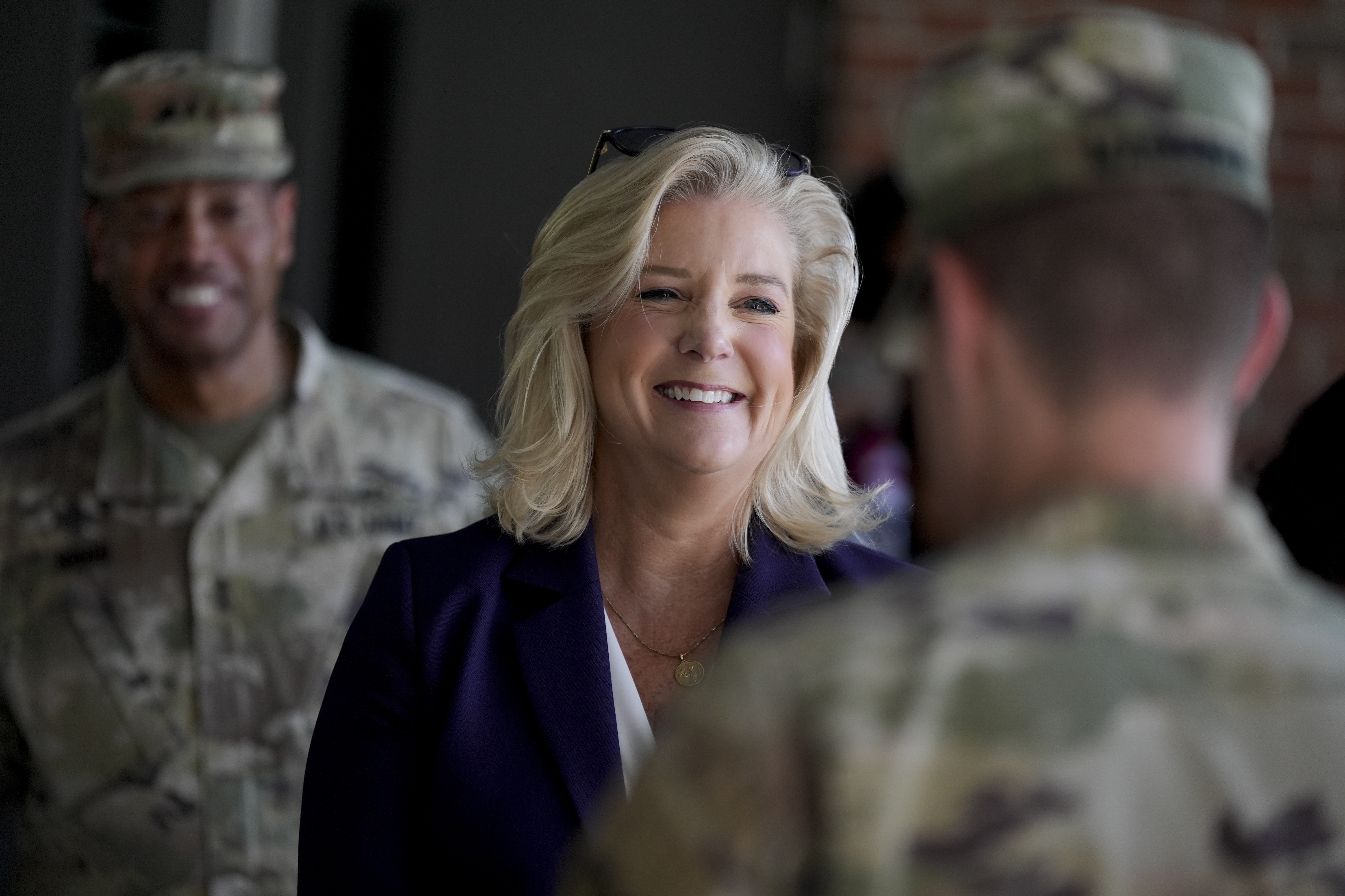 Army Secretary Christine Wormuth talks with soldiers at Fort Jackson, a U.S. Army Training Center, Wednesday, Sept. 25, 2024, in Columbia, S.C. (AP Photo/Chris Carlson)