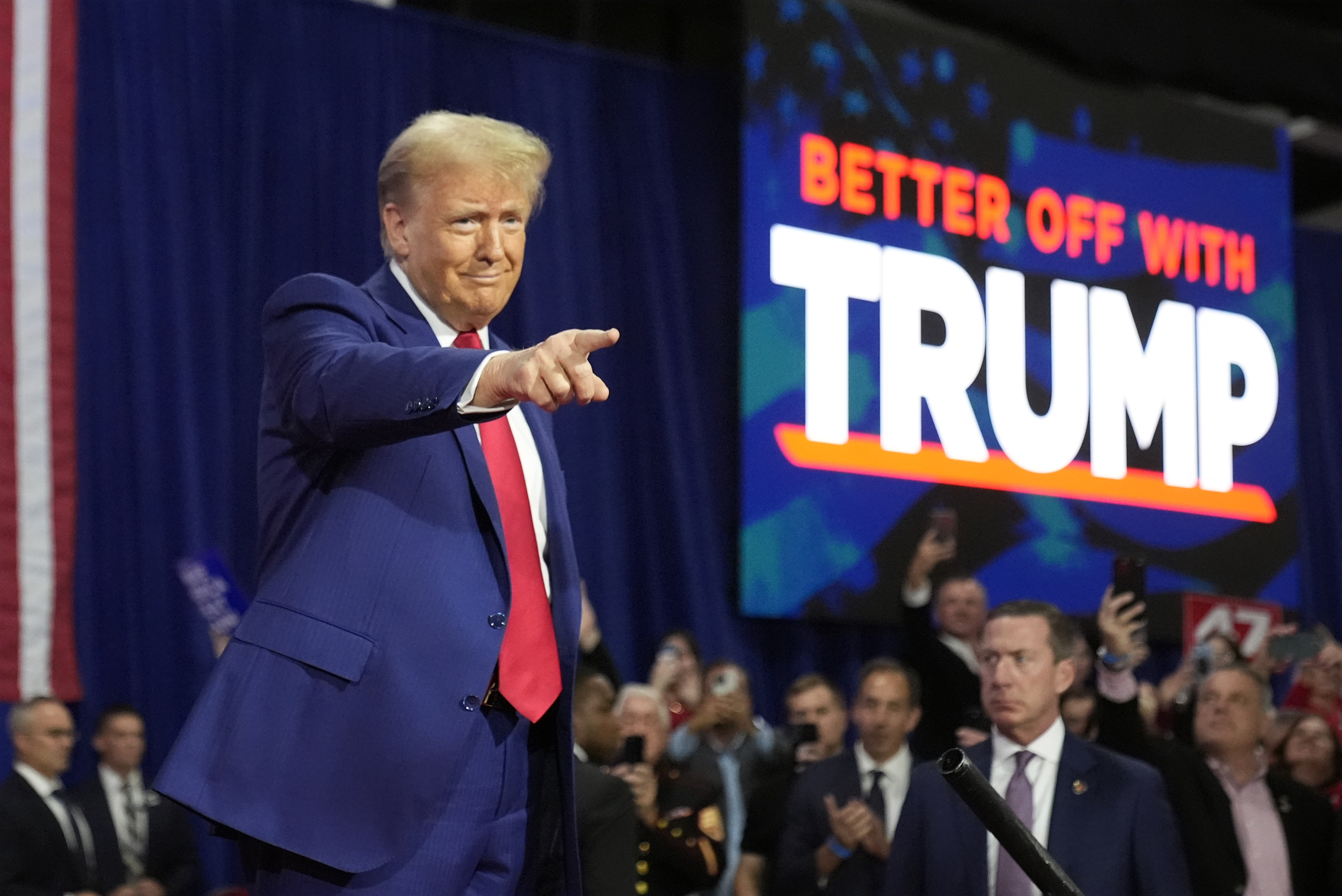 Republican presidential nominee former President Donald Trump arrives at a campaign town hall at the Greater Philadelphia Expo Center & Fairgrounds, Monday, Oct. 14, 2024, in Oaks, Pa. (AP Photo/Alex Brandon)