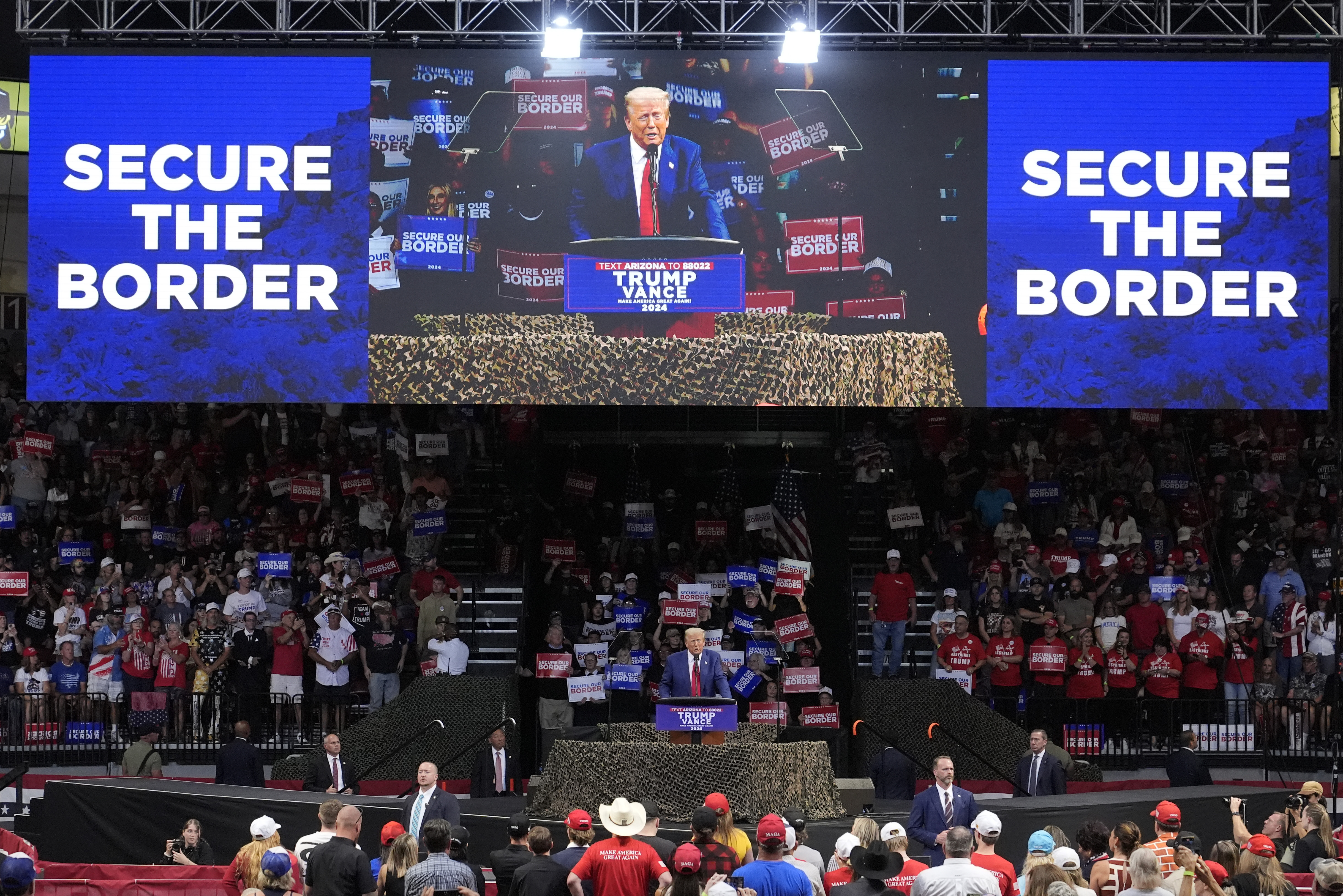 Republican presidential nominee former President Donald Trump speaks at a campaign rally at the Findlay Toyota Arena Sunday, Oct. 13, 2024, in Prescott Valley, Ariz. (AP Photo/Ross Franklin)