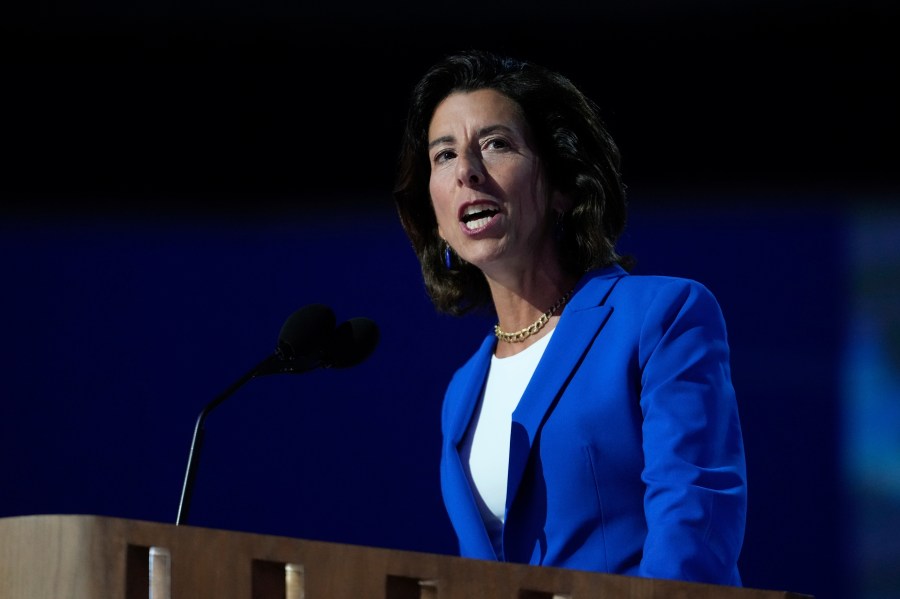 FILE - Gina Raimondo, U.S. Secretary of Commerce, speaks during the Democratic National Convention on Aug. 19, 2024, in Chicago. (AP Photo/Paul Sancya, File)